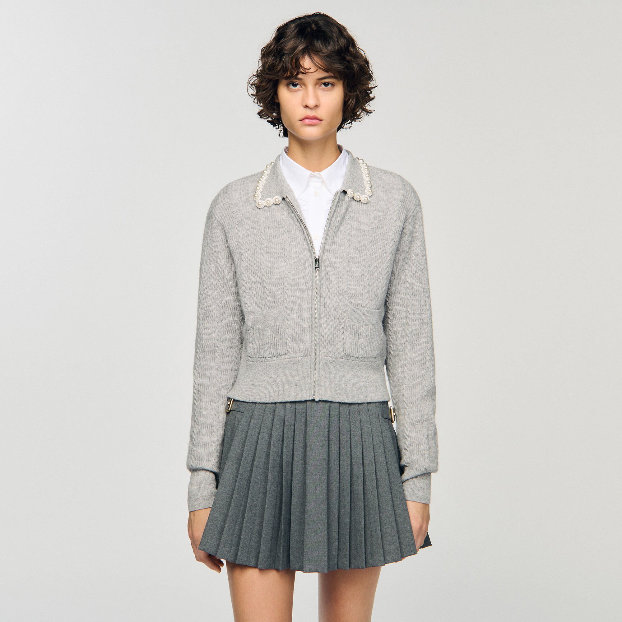 Cardigan zippé à col perlé 
