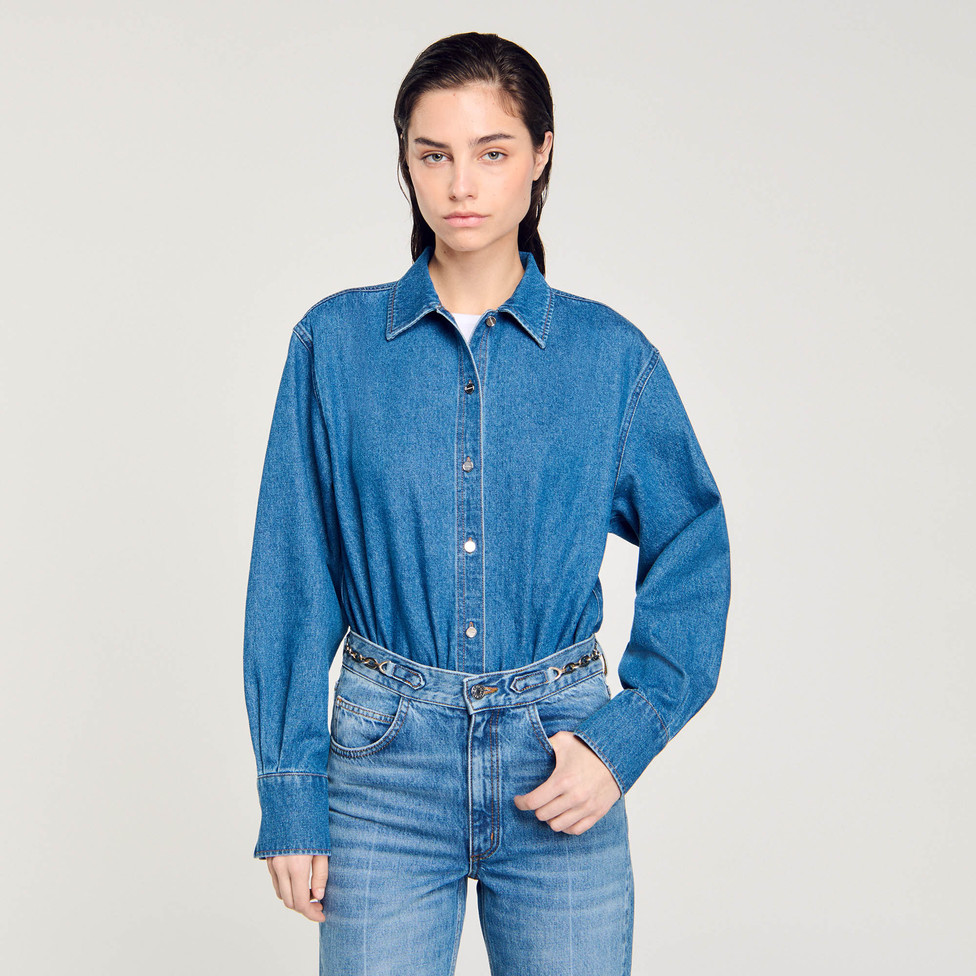 Denim shirt bodysuit