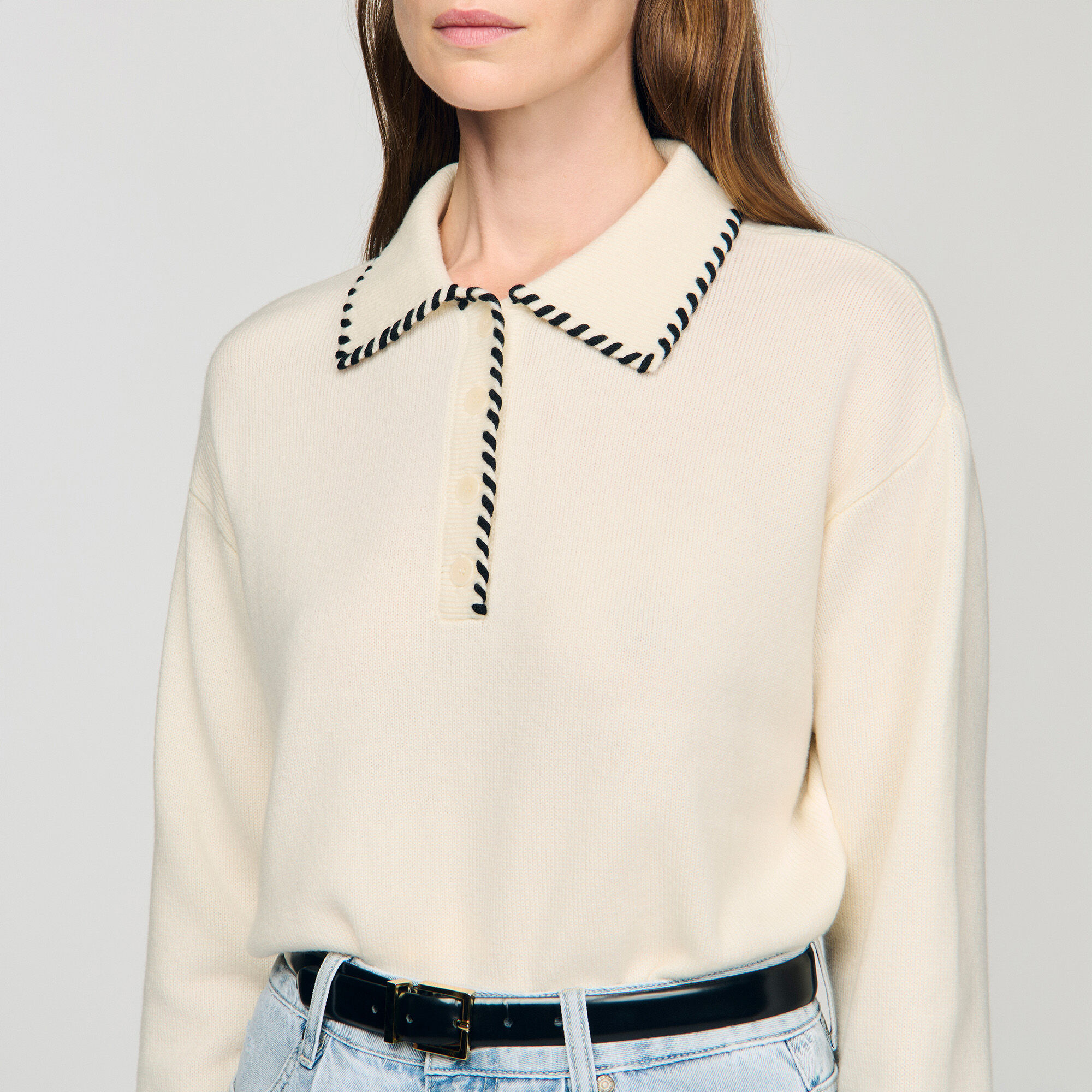 Pull en maille à col polo contrasté