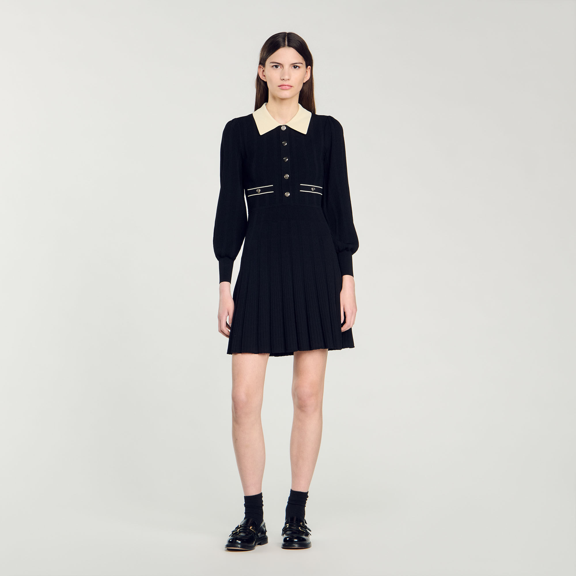 Robe en maille plissee gris noir pour femme Sandro Paris