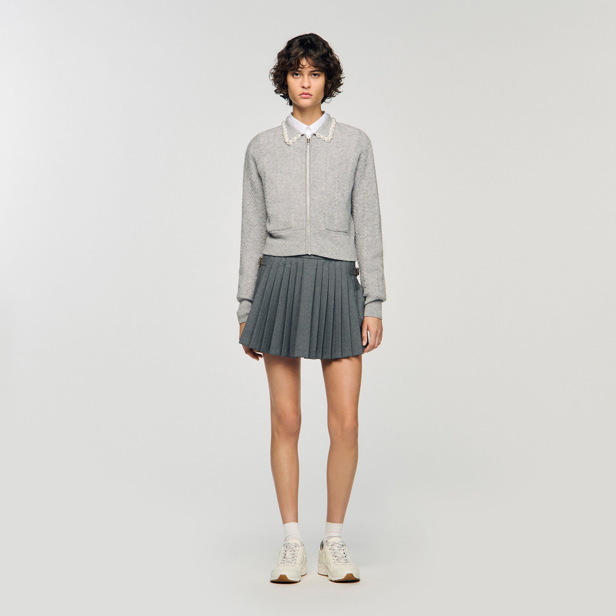 Cardigan zippé à col perlé 