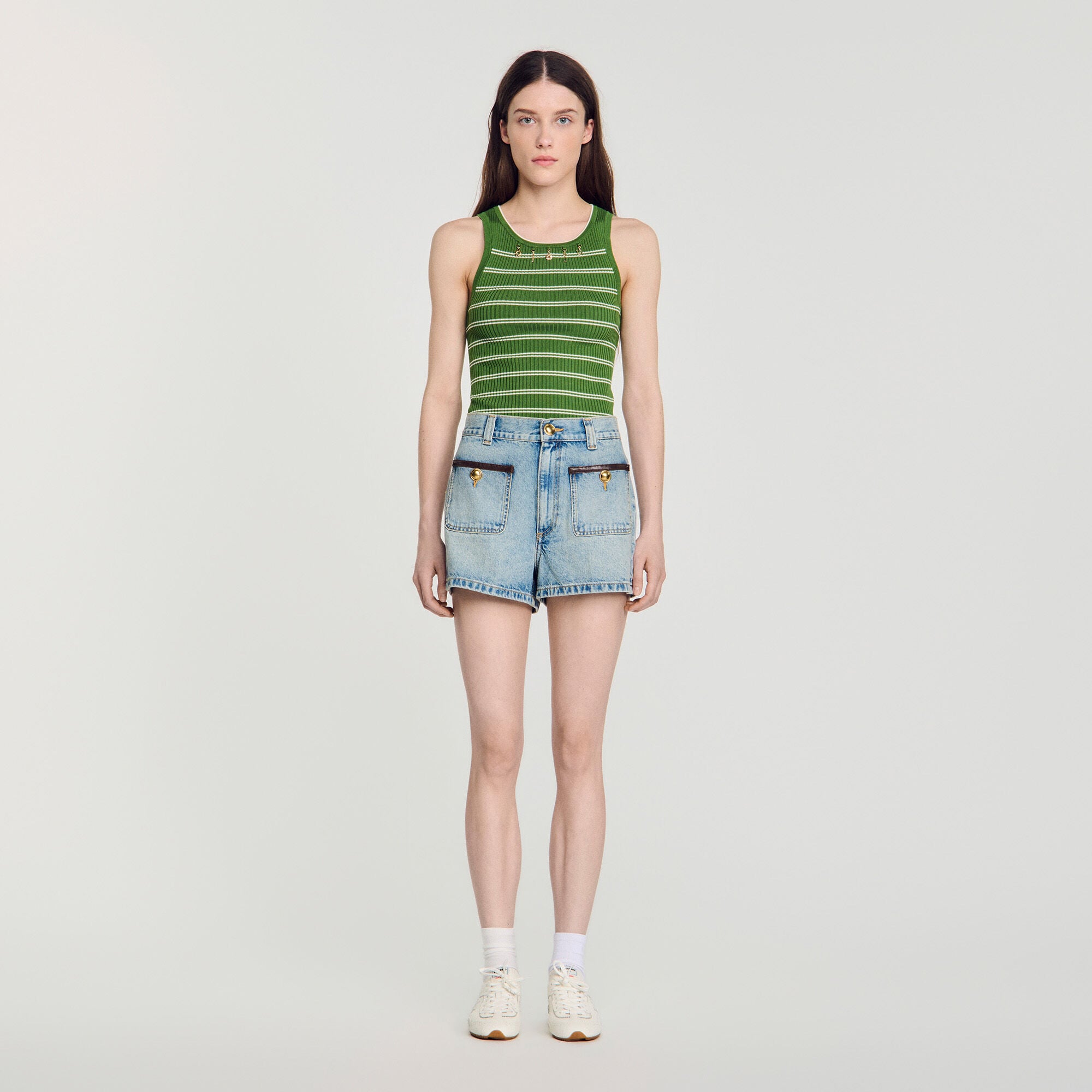 Denim shorts with leather detail