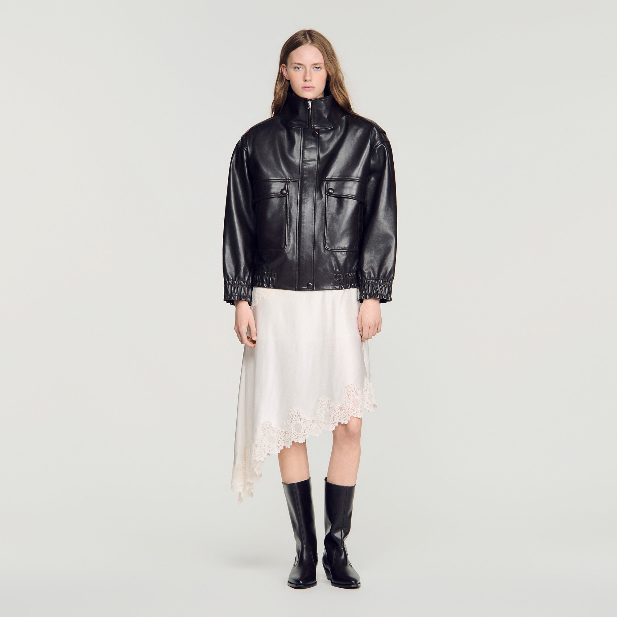 Oversize-Lederjacke mit Stehkragen