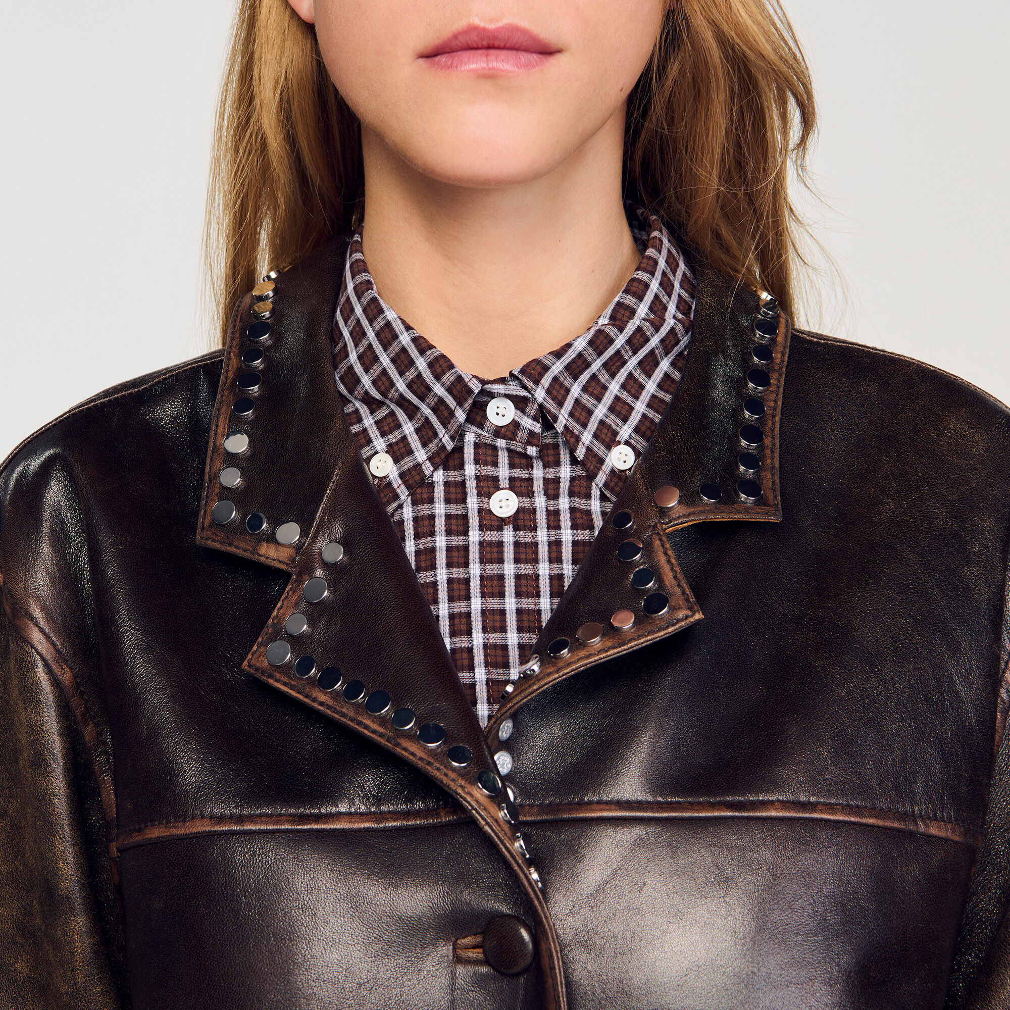 Oversize-Lederblouson mit Nieten