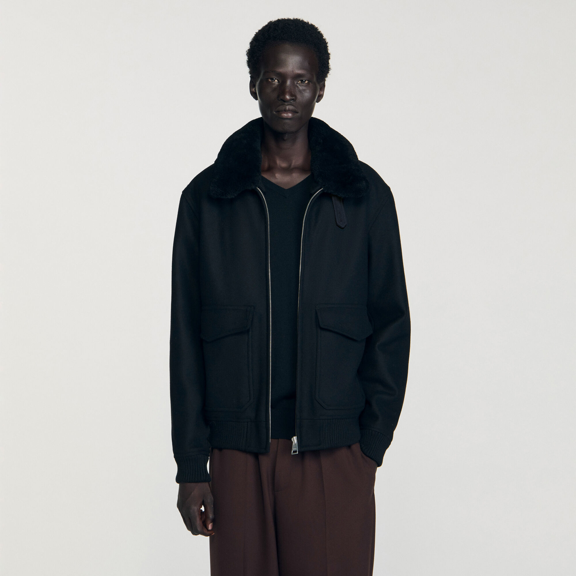 Wool aviator jacket with shearling