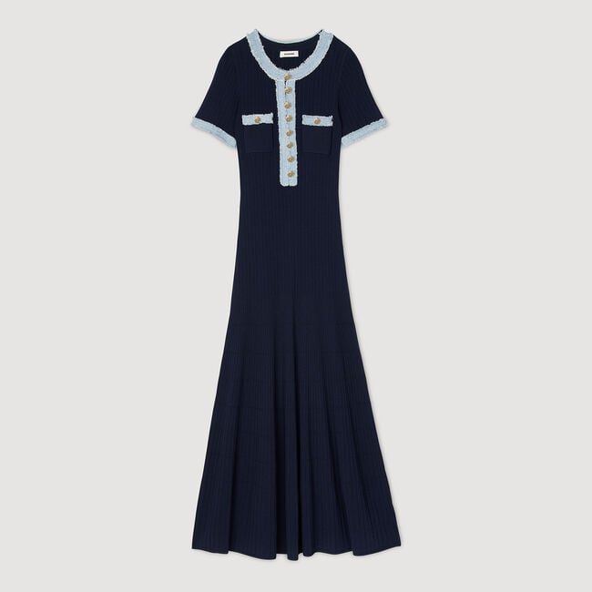 Robe longue en maille à détails denim