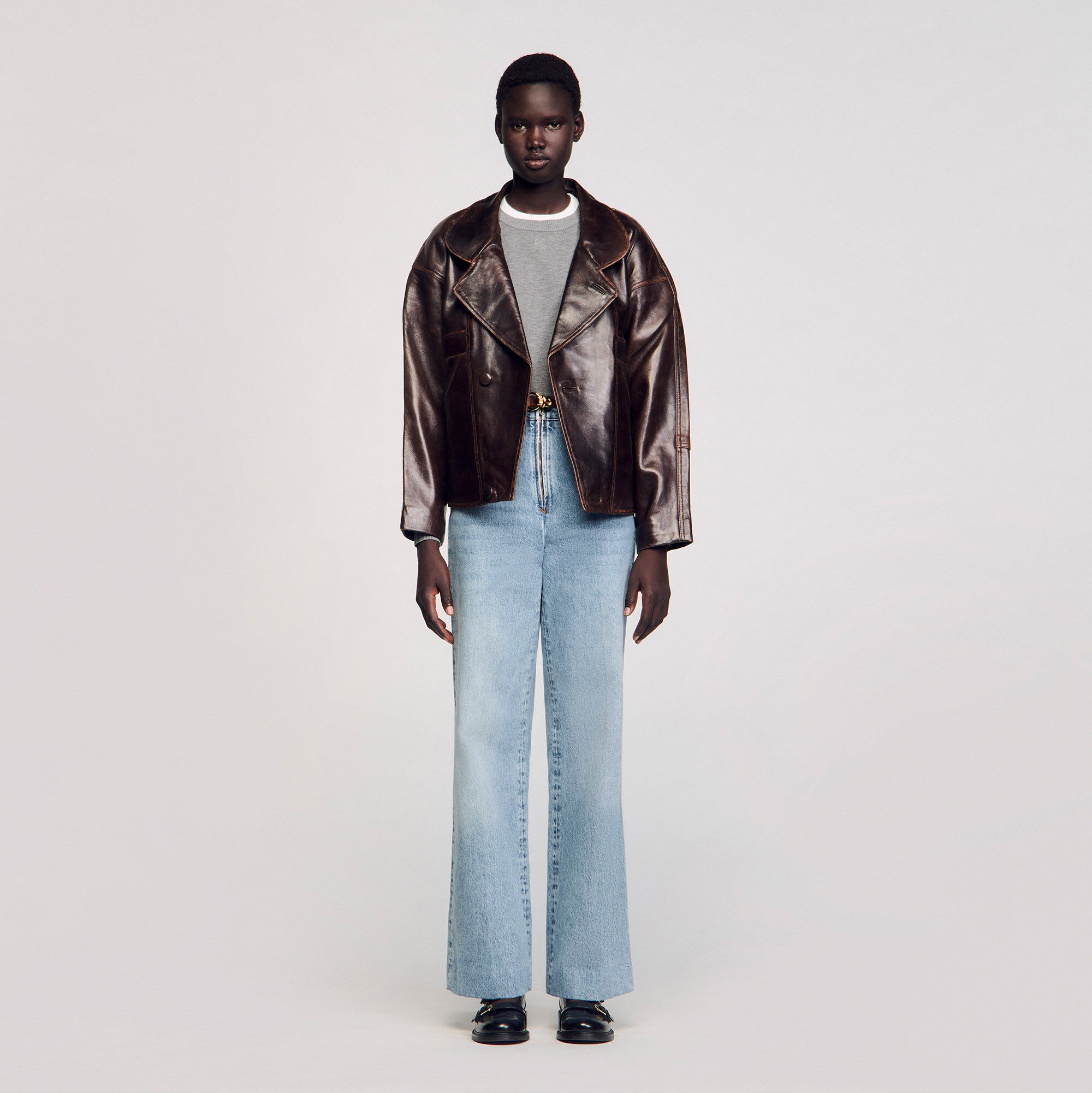Oversized leather jacket brown For Women | Sandro Paris Oversized leather jacket brown For Women | Sandro Paris