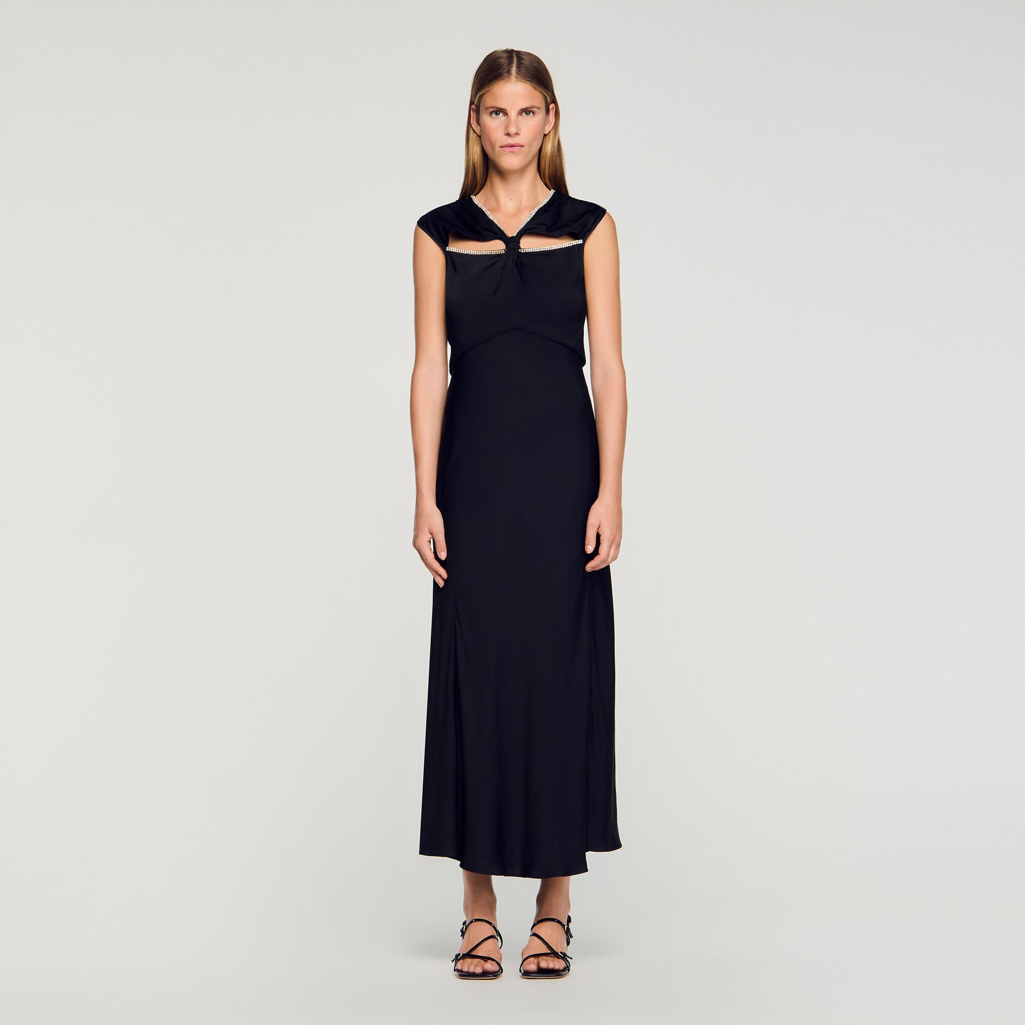 Satin maxi dress with rhinestones
