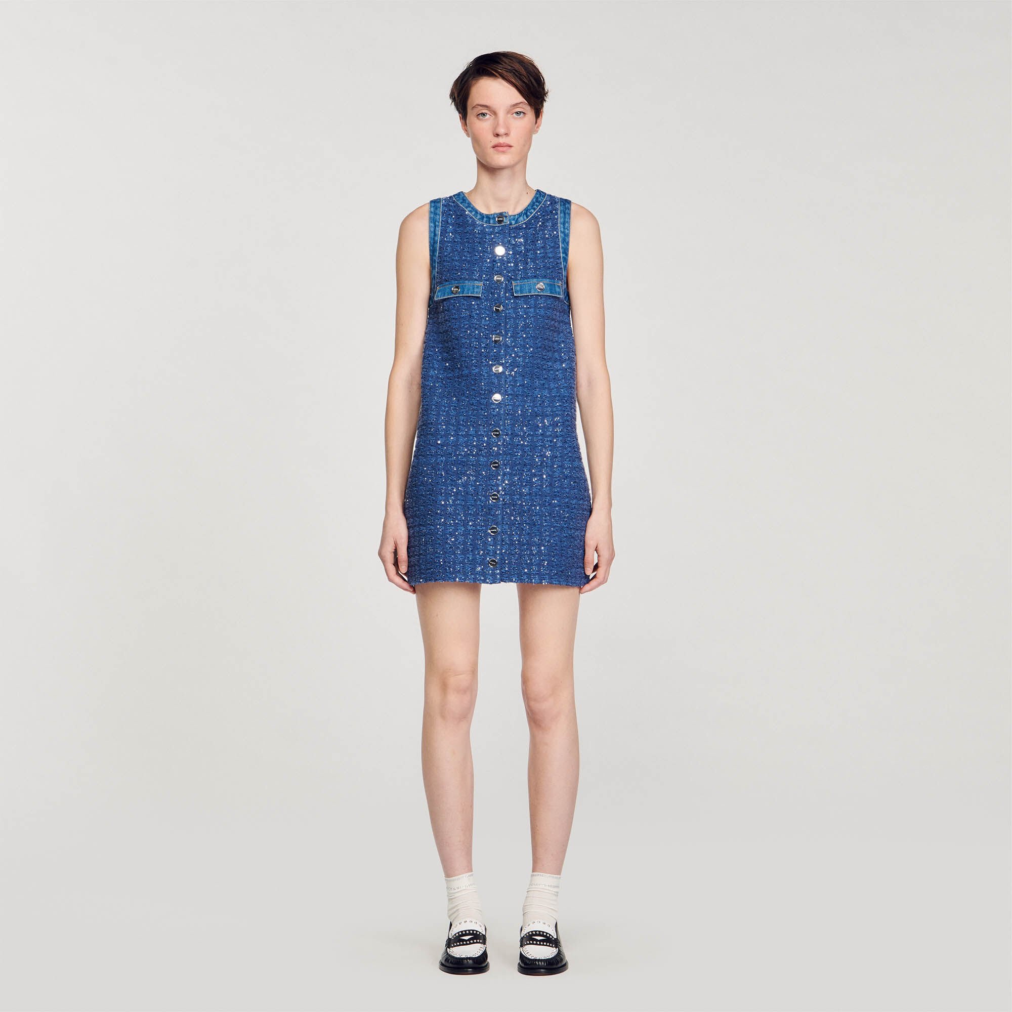 Short tweed trapeze dress Blue Women Sandro Paris