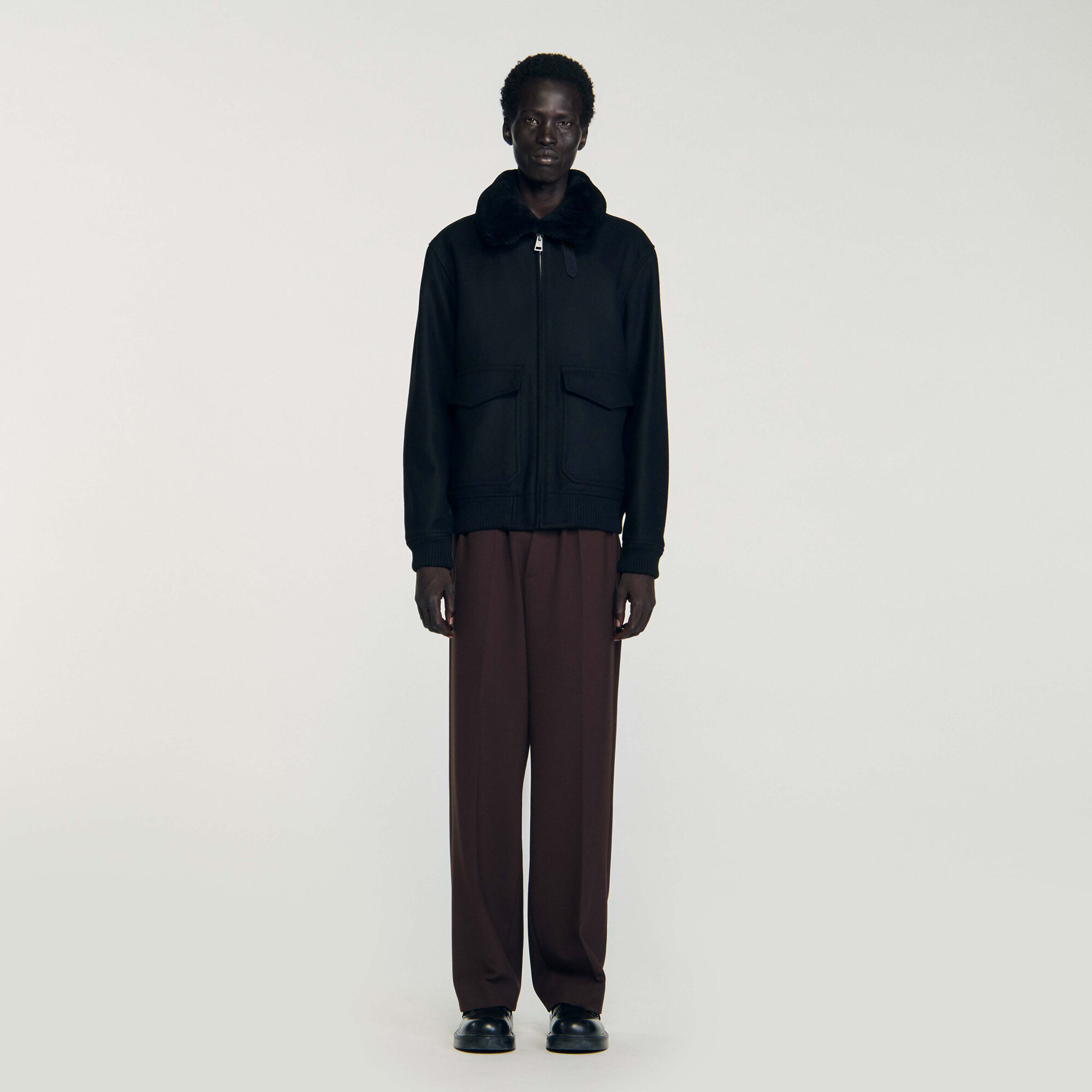 Wool aviator jacket with shearling