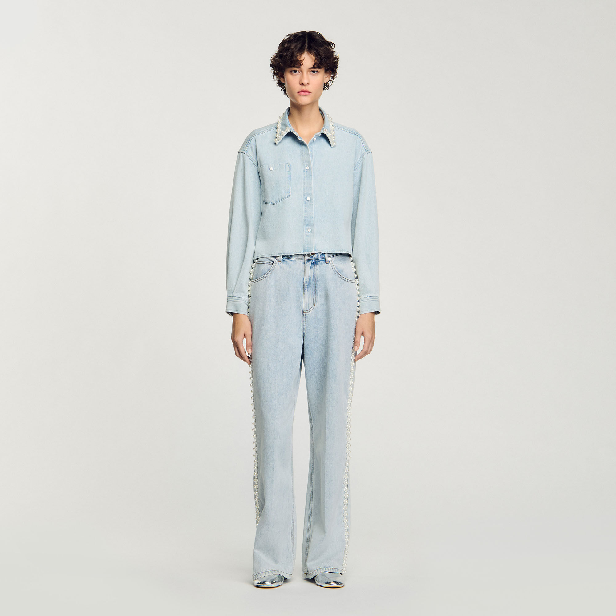 Denim shirt with beaded collar