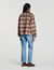 Check coat with leather collar
