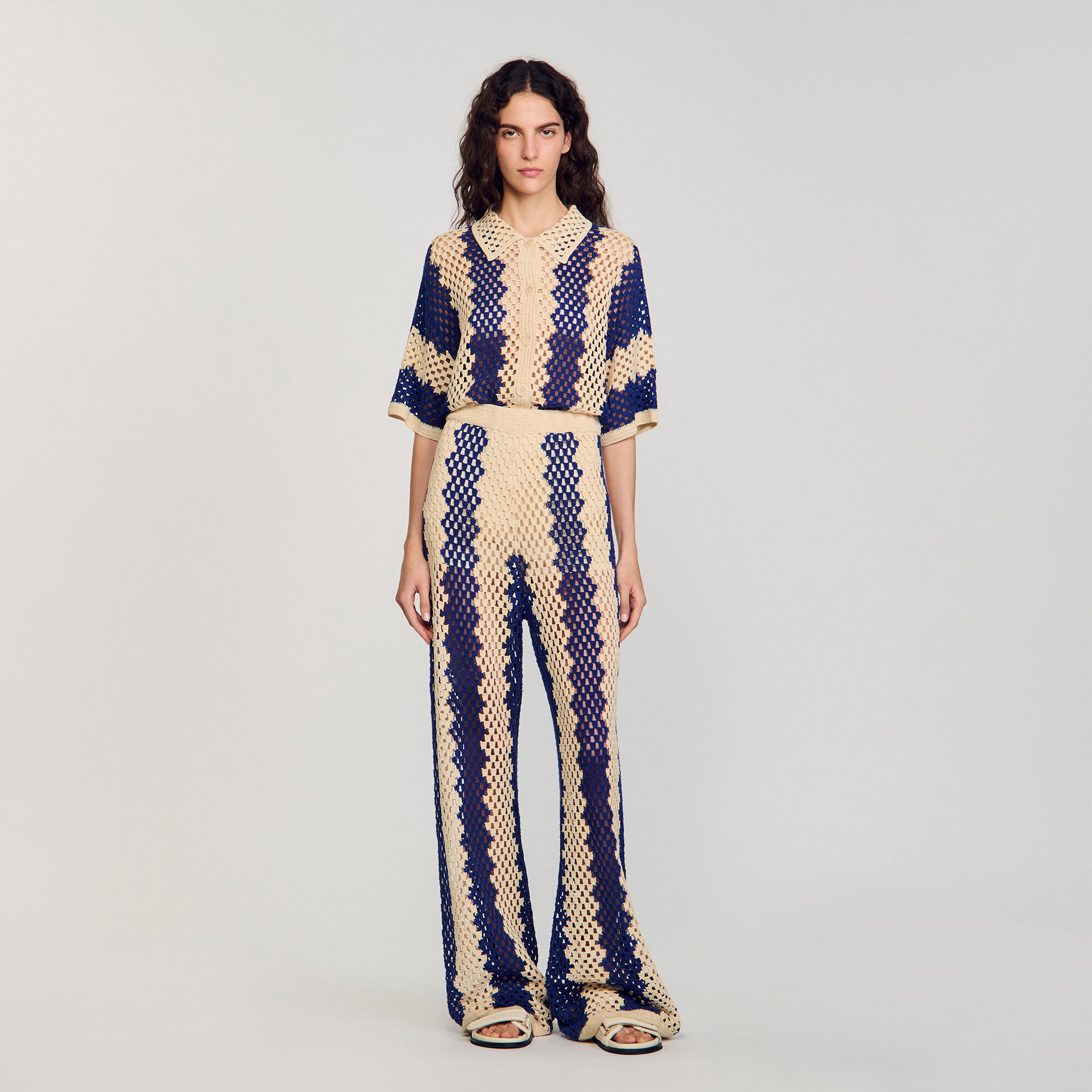 Two-tone open weave trousers