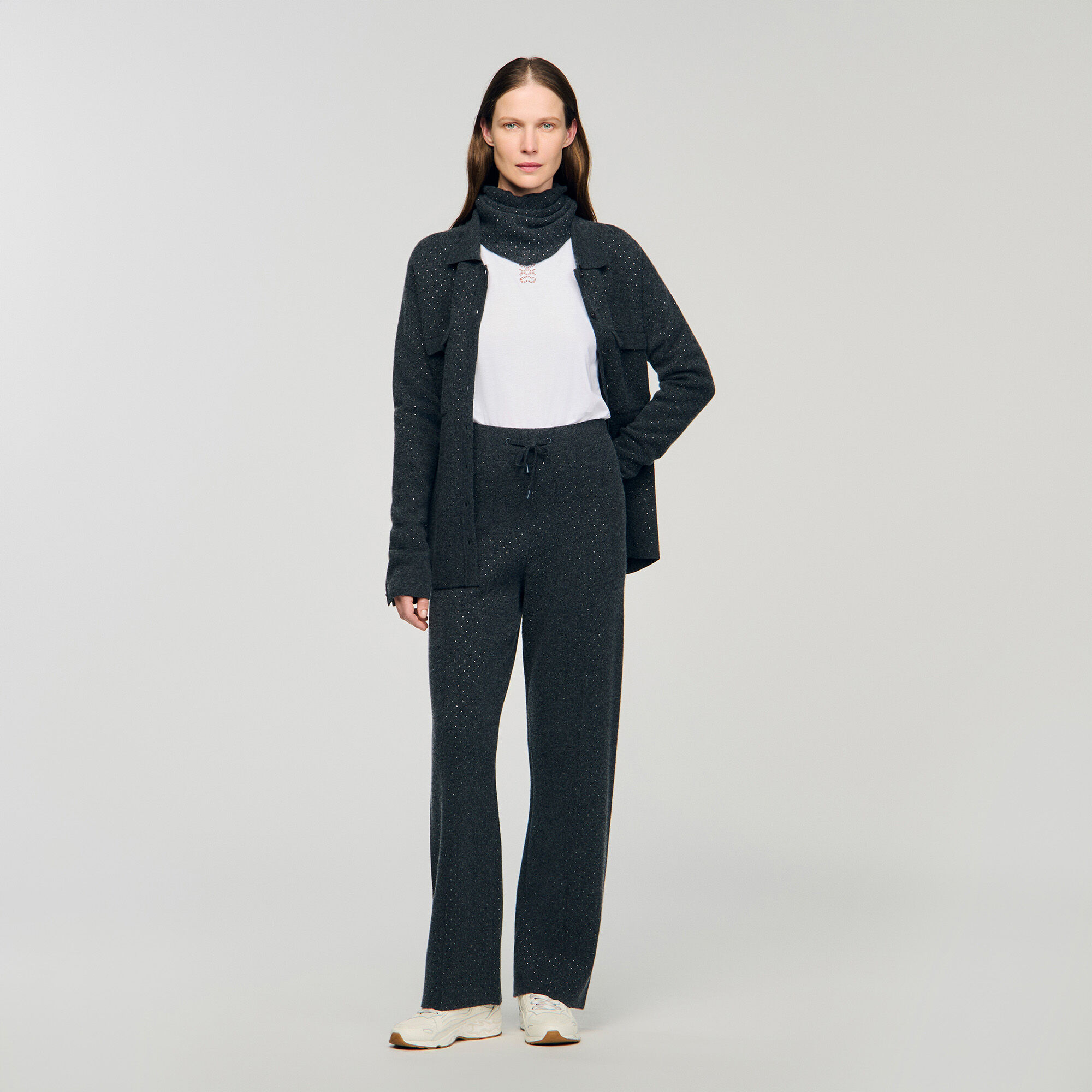 Knit rhinestone-covered trousers