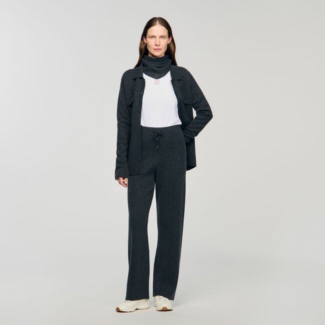 Knit rhinestone-covered trousers