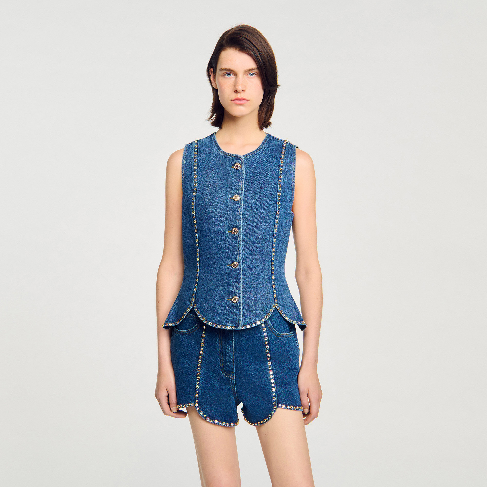 Top en denim strassé