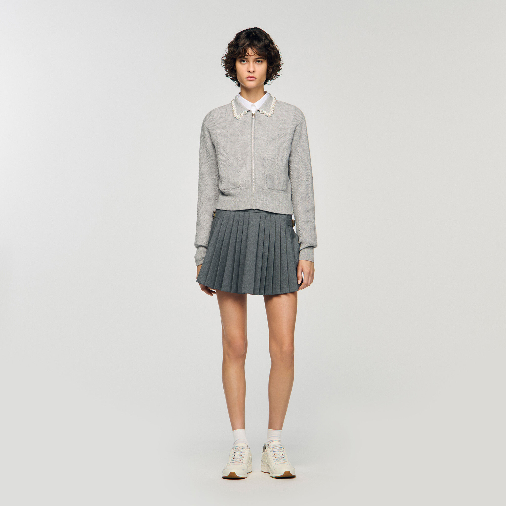 Cardigan zippé à col perlé 