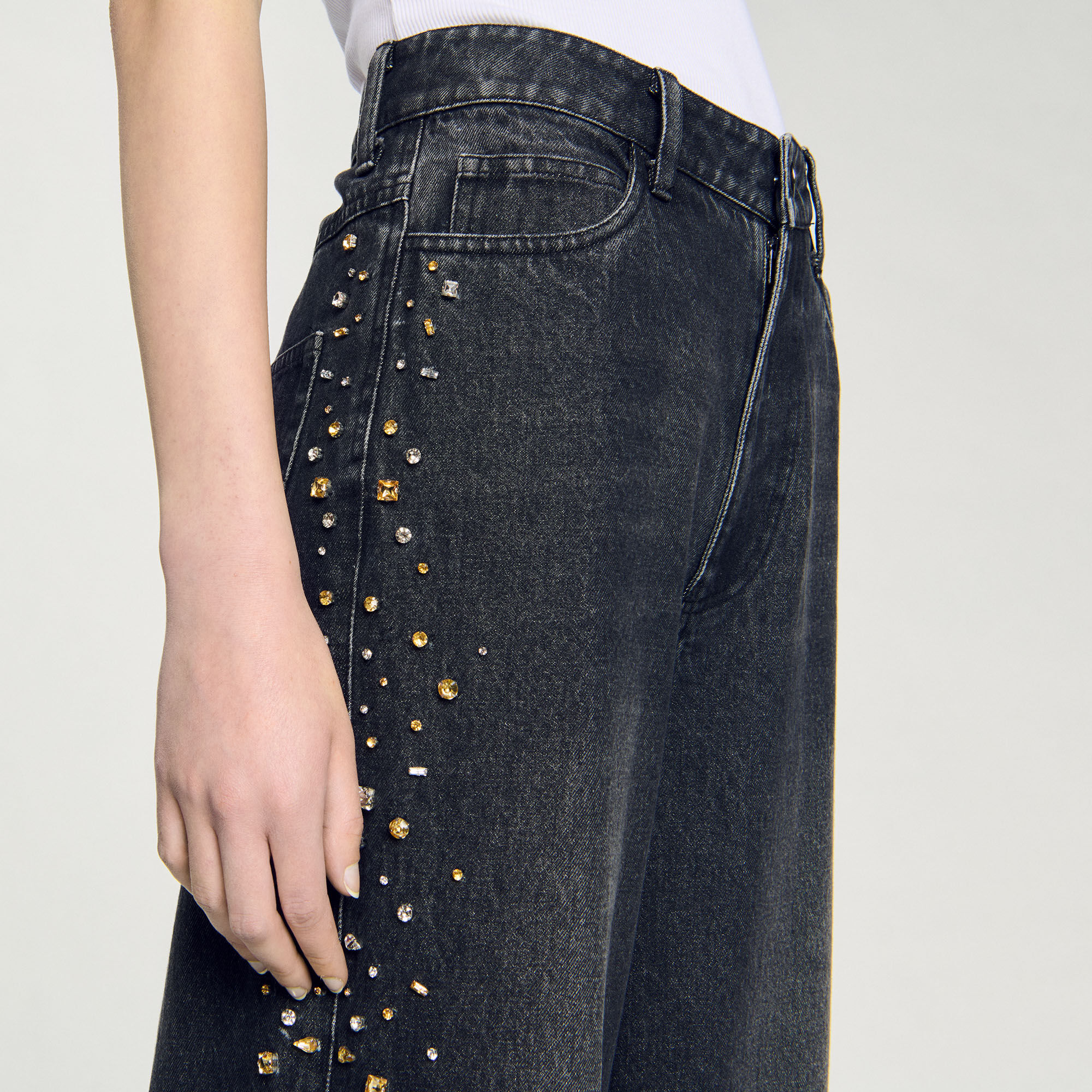 Wide-leg rhinestone jeans black / gray For Women | Sandro Paris