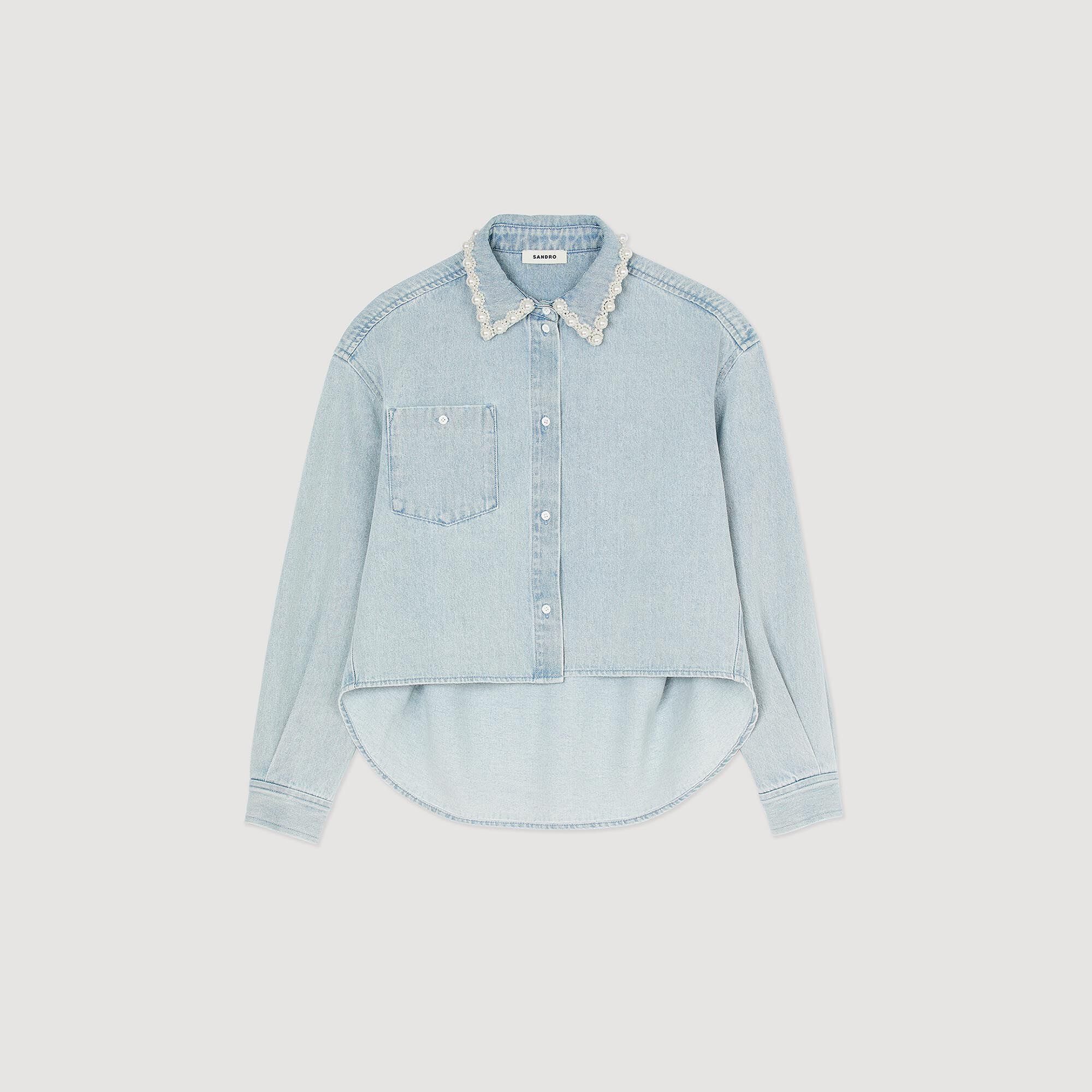 Denim shirt with beaded collar
