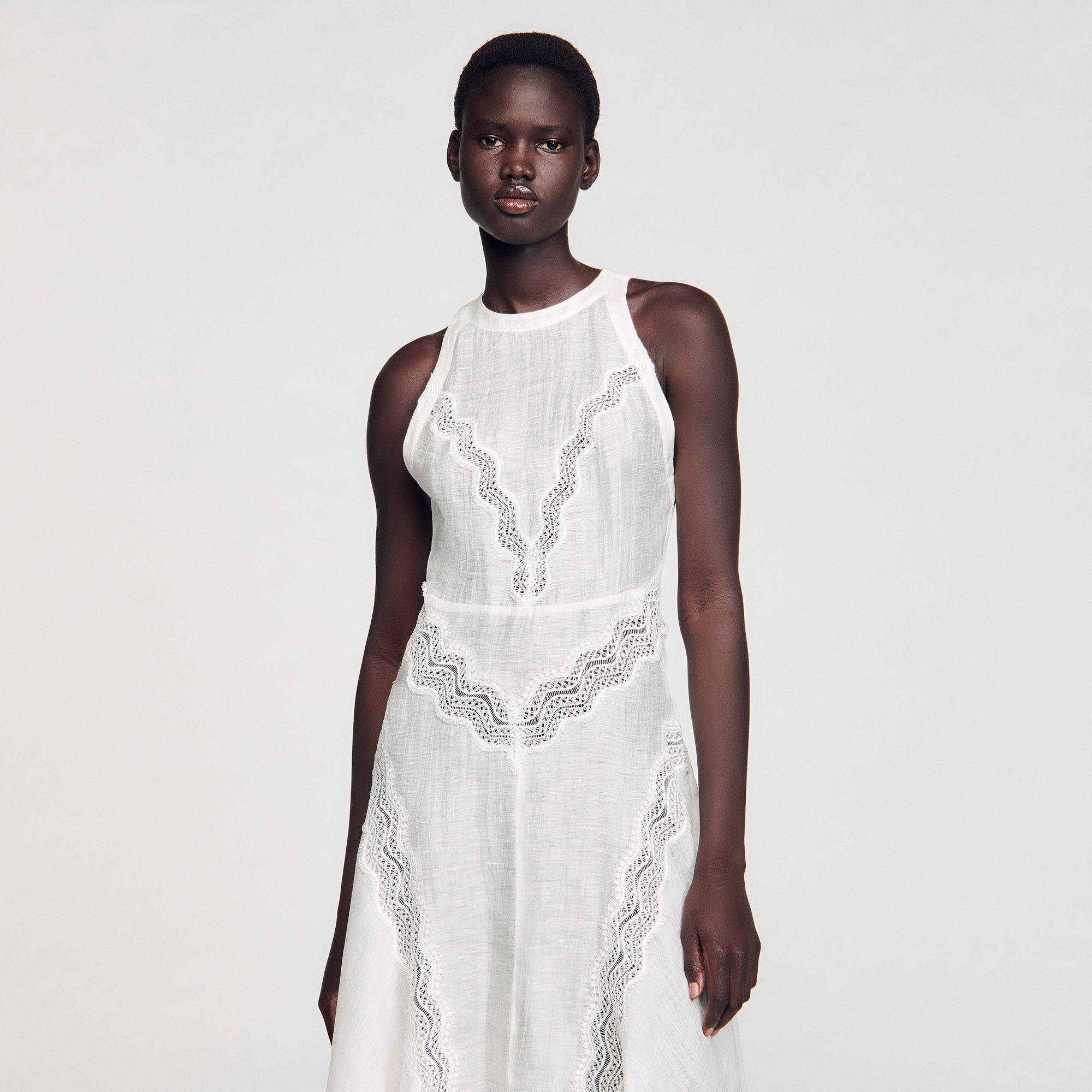 Lace trim maxi dress white / beige For Women | Sandro Paris