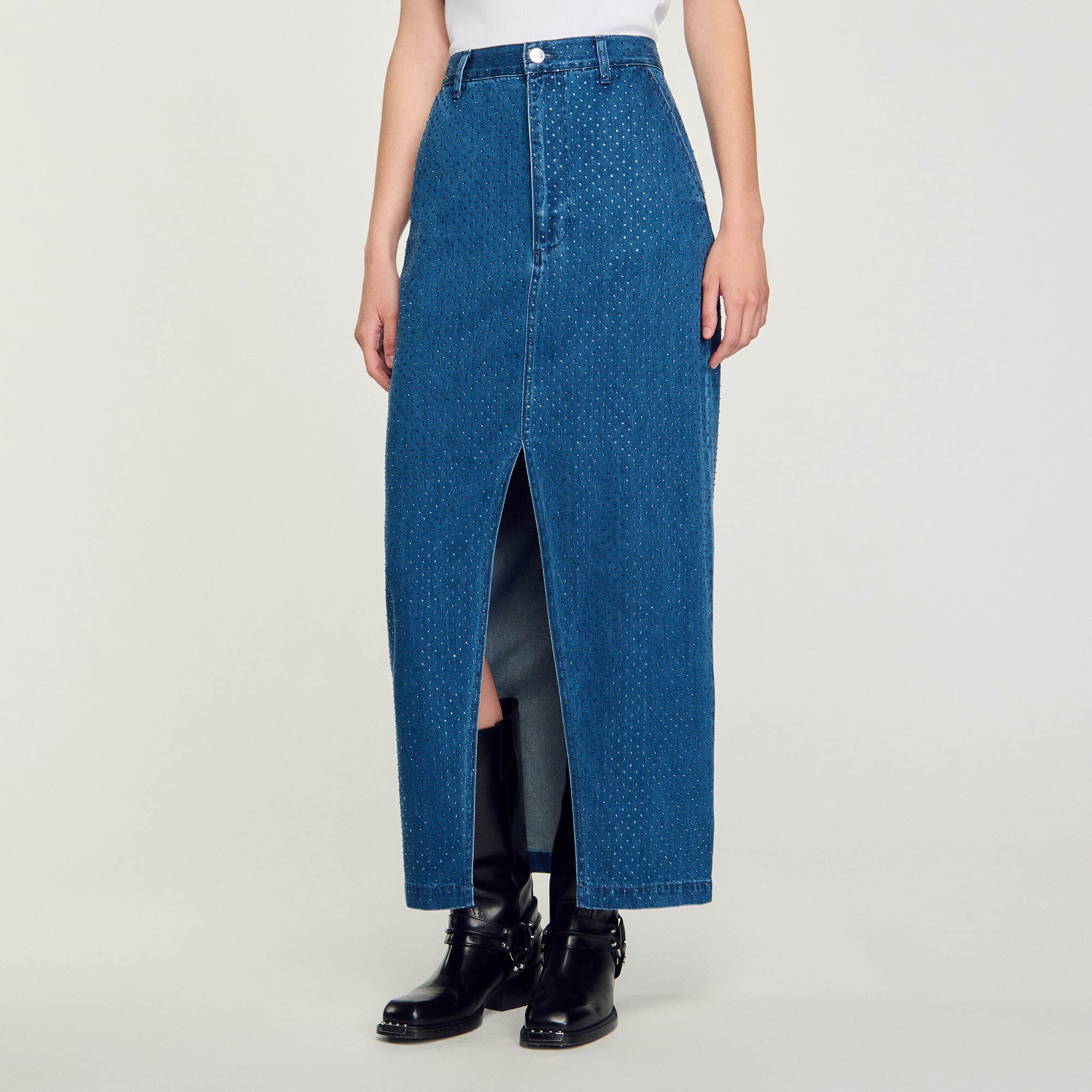 Langer Jeansrock mit Strassbesatz