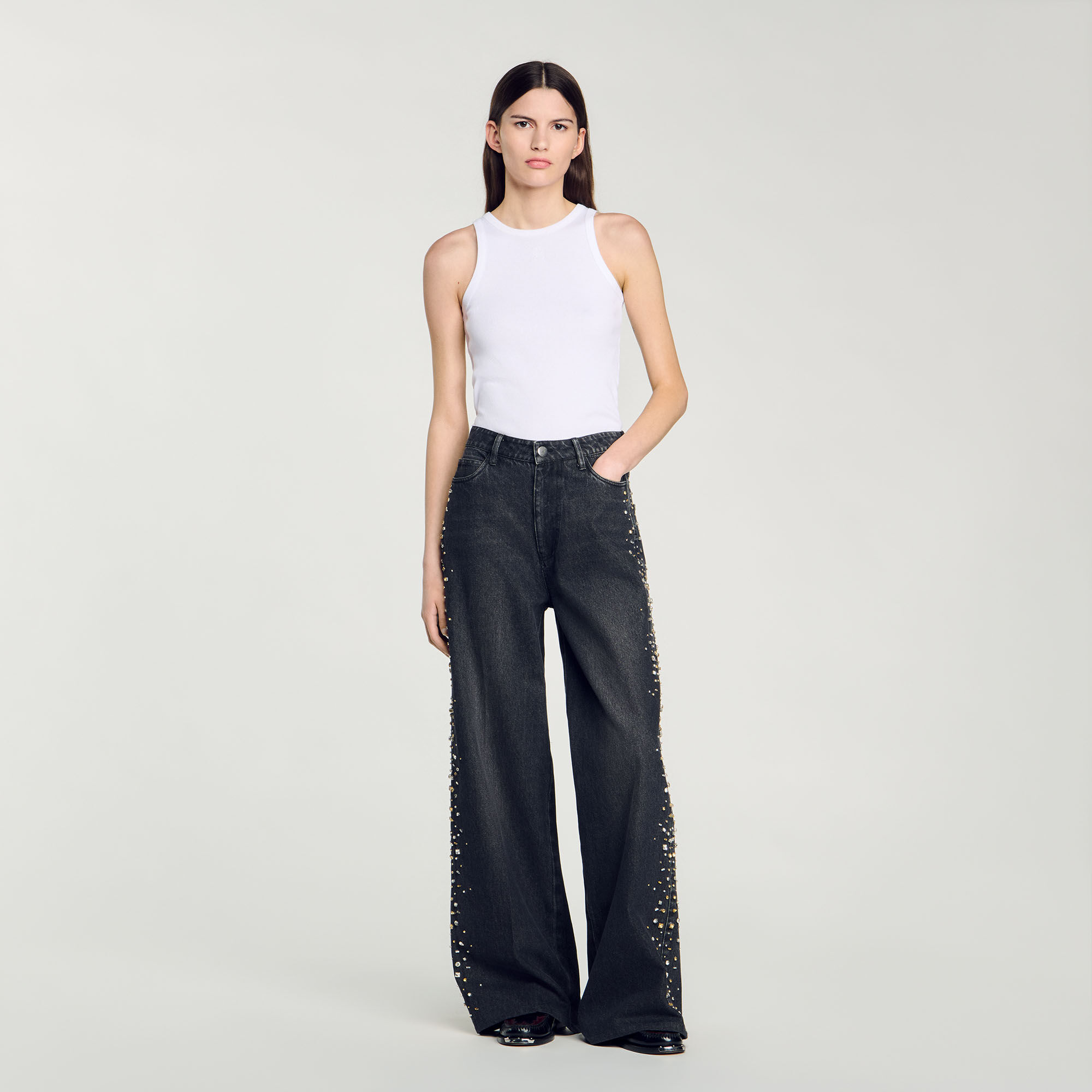 Wide-leg rhinestone jeans black / gray For Women | Sandro Paris