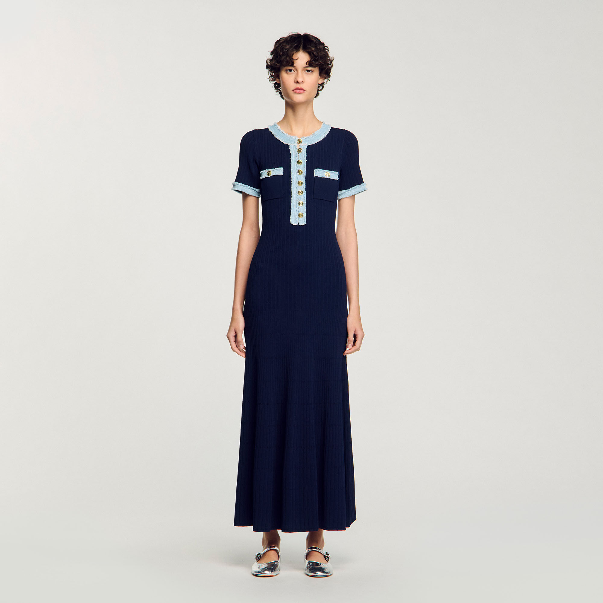Knit and denim midi dress