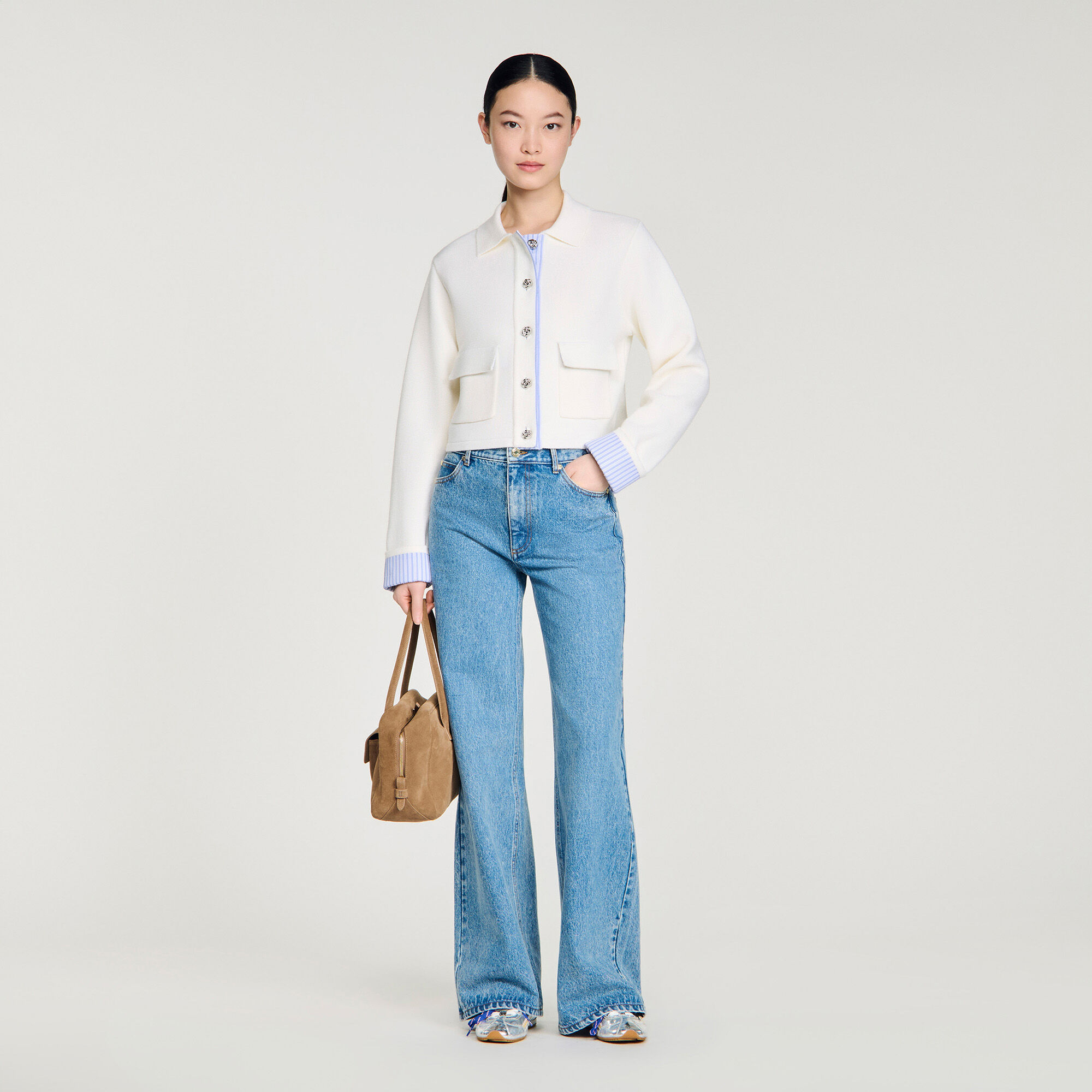 Cardigan col polo d&eacute;tails popeline