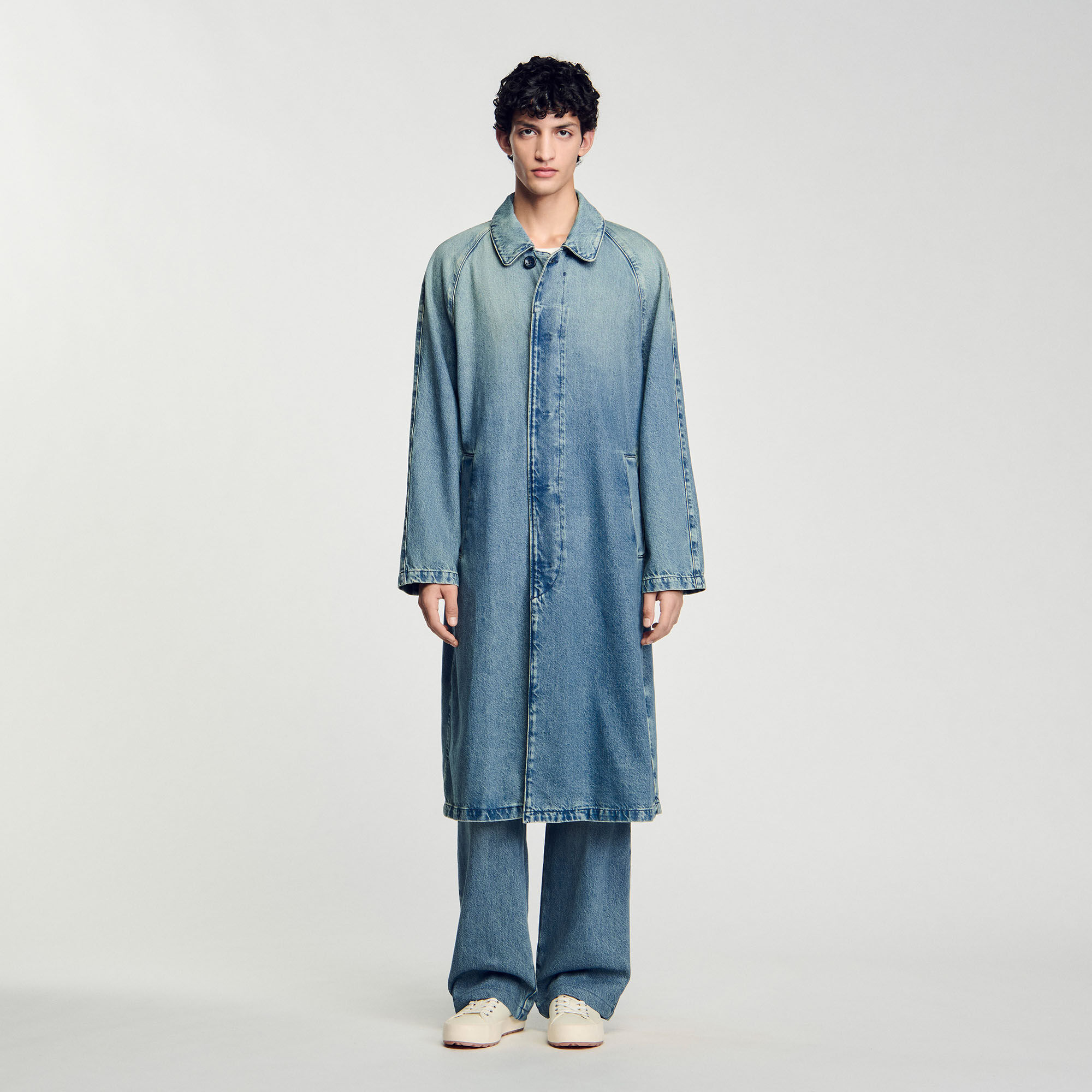 Long faded denim coat