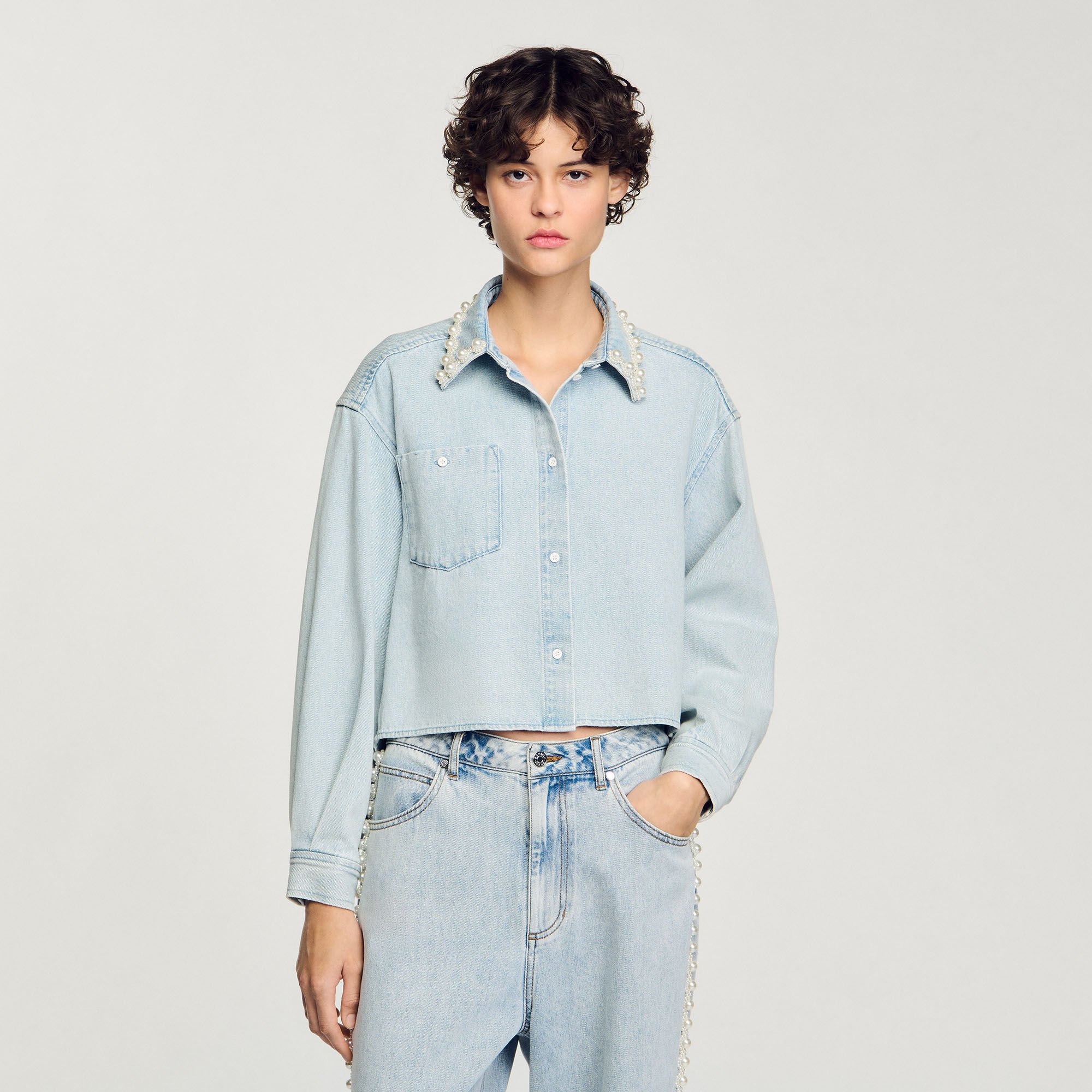 Denim shirt with beaded collar