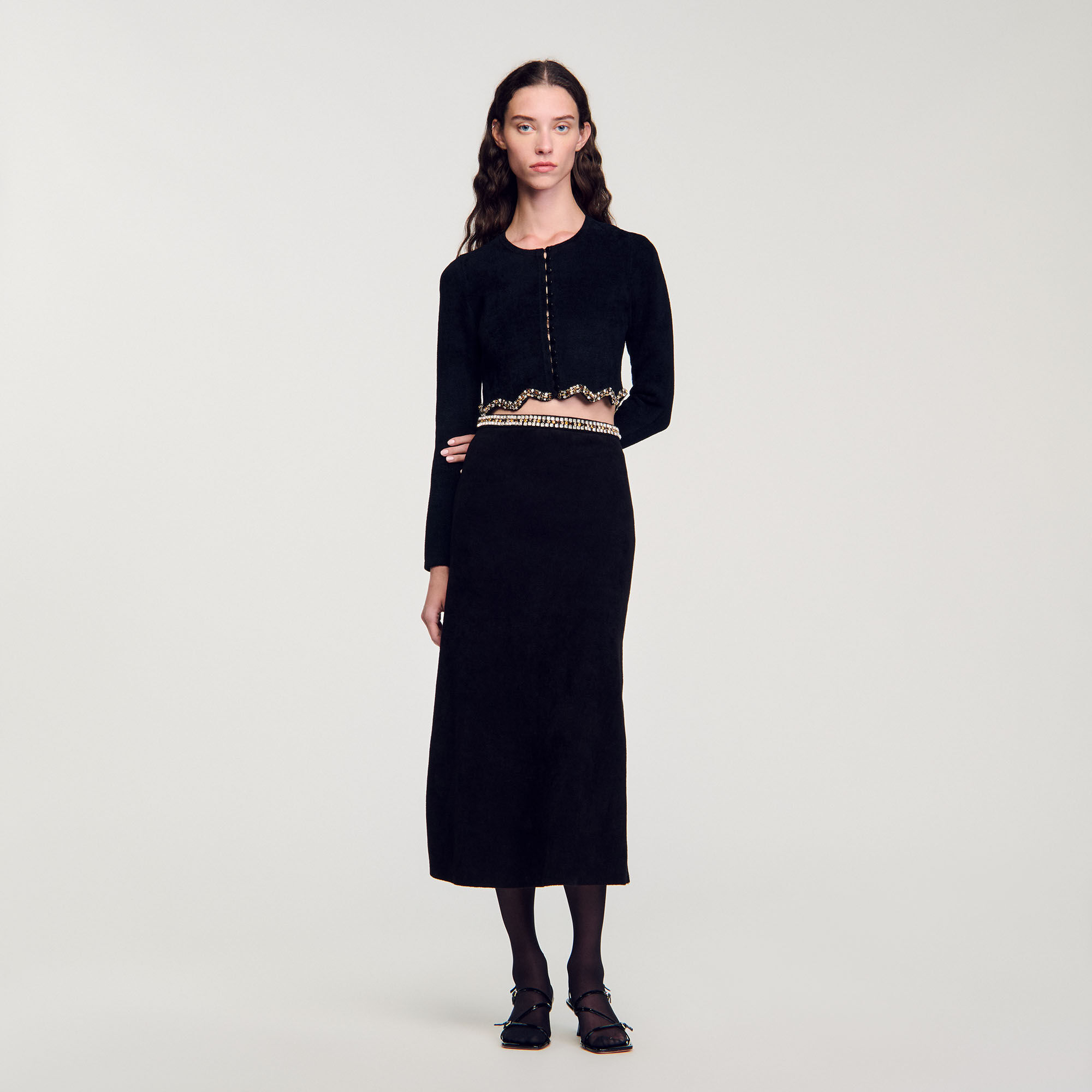 Short rhinestone velvet knit cardie