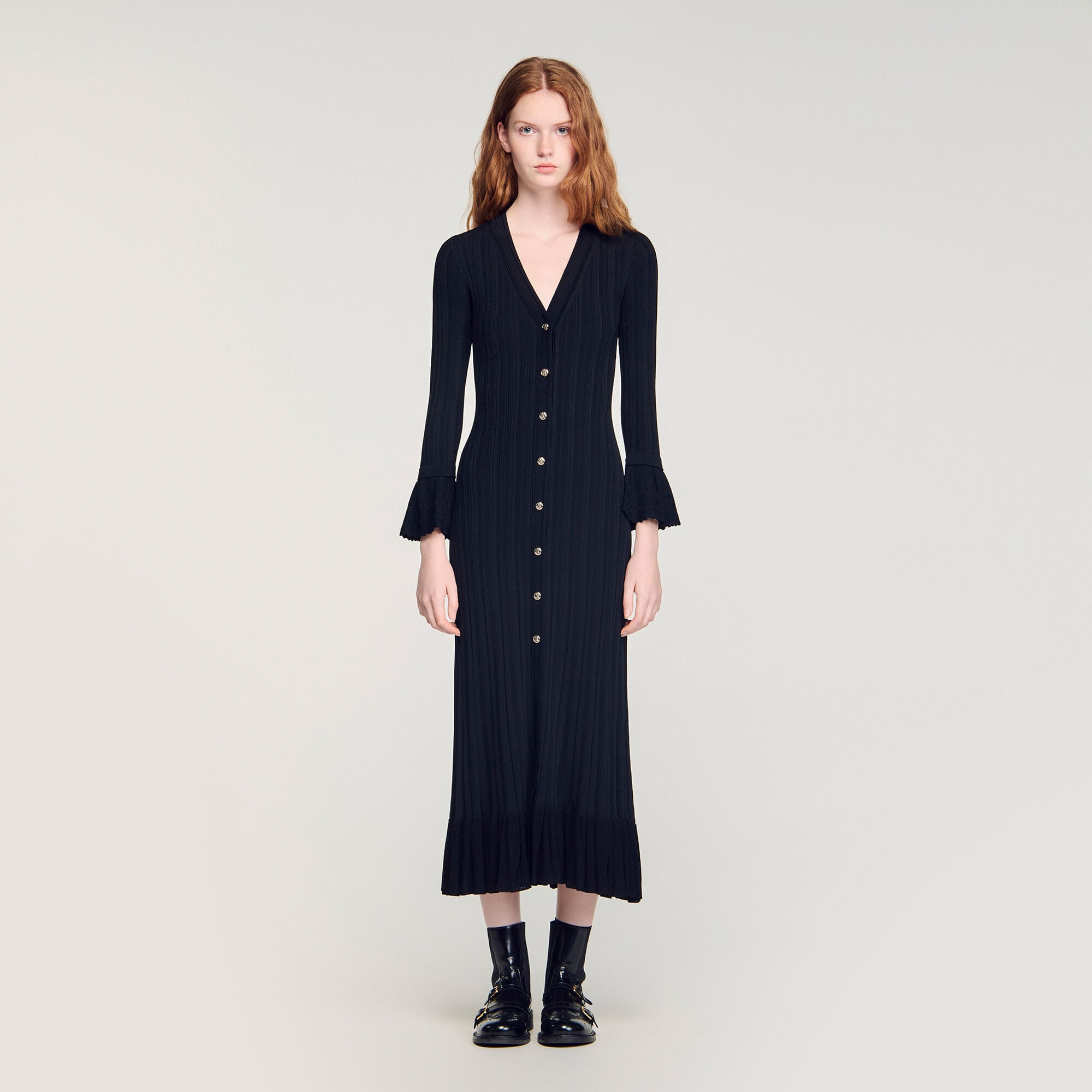 Knit maxi dress with ruffle black / gray For Women | Sandro Paris