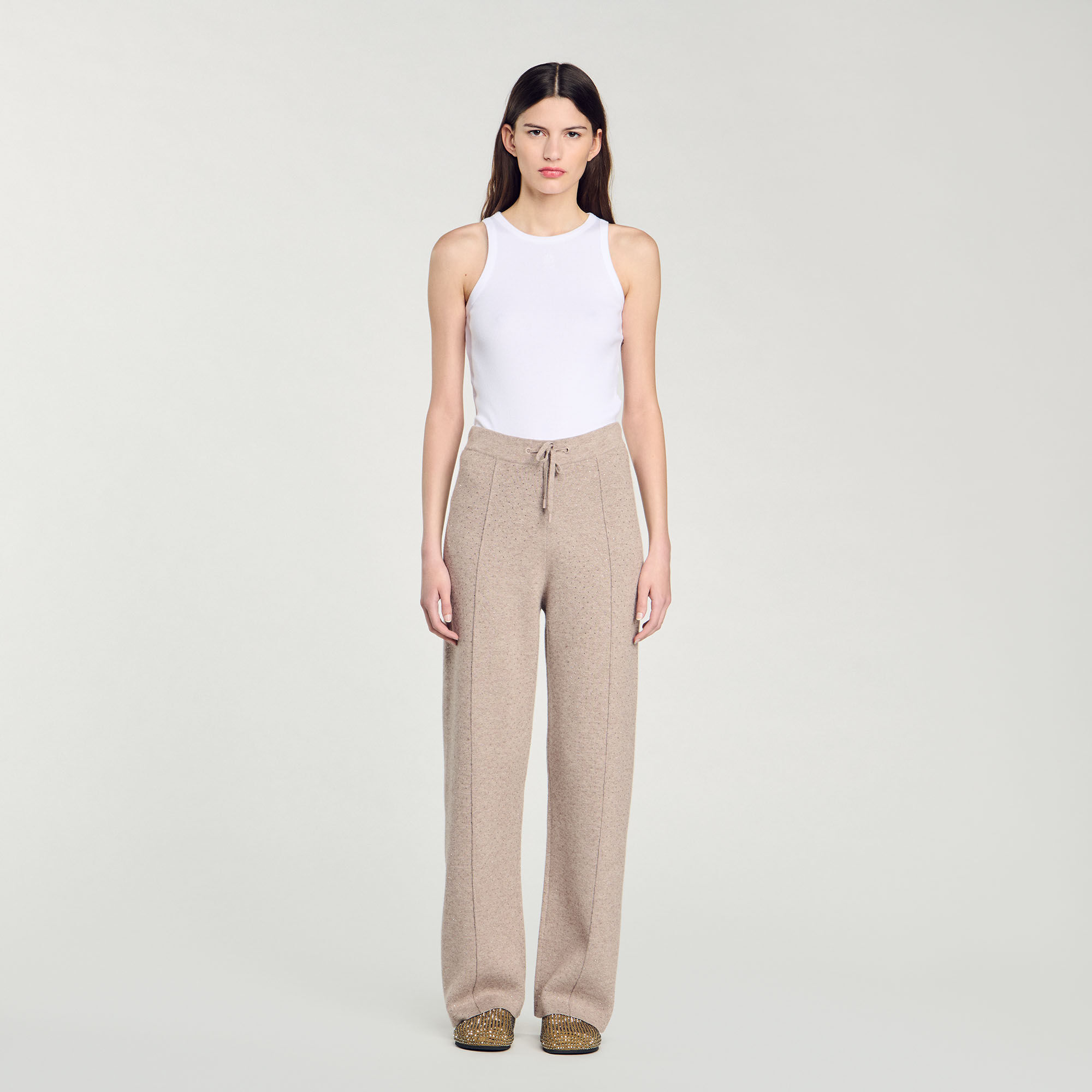 Knit rhinestone-covered trousers