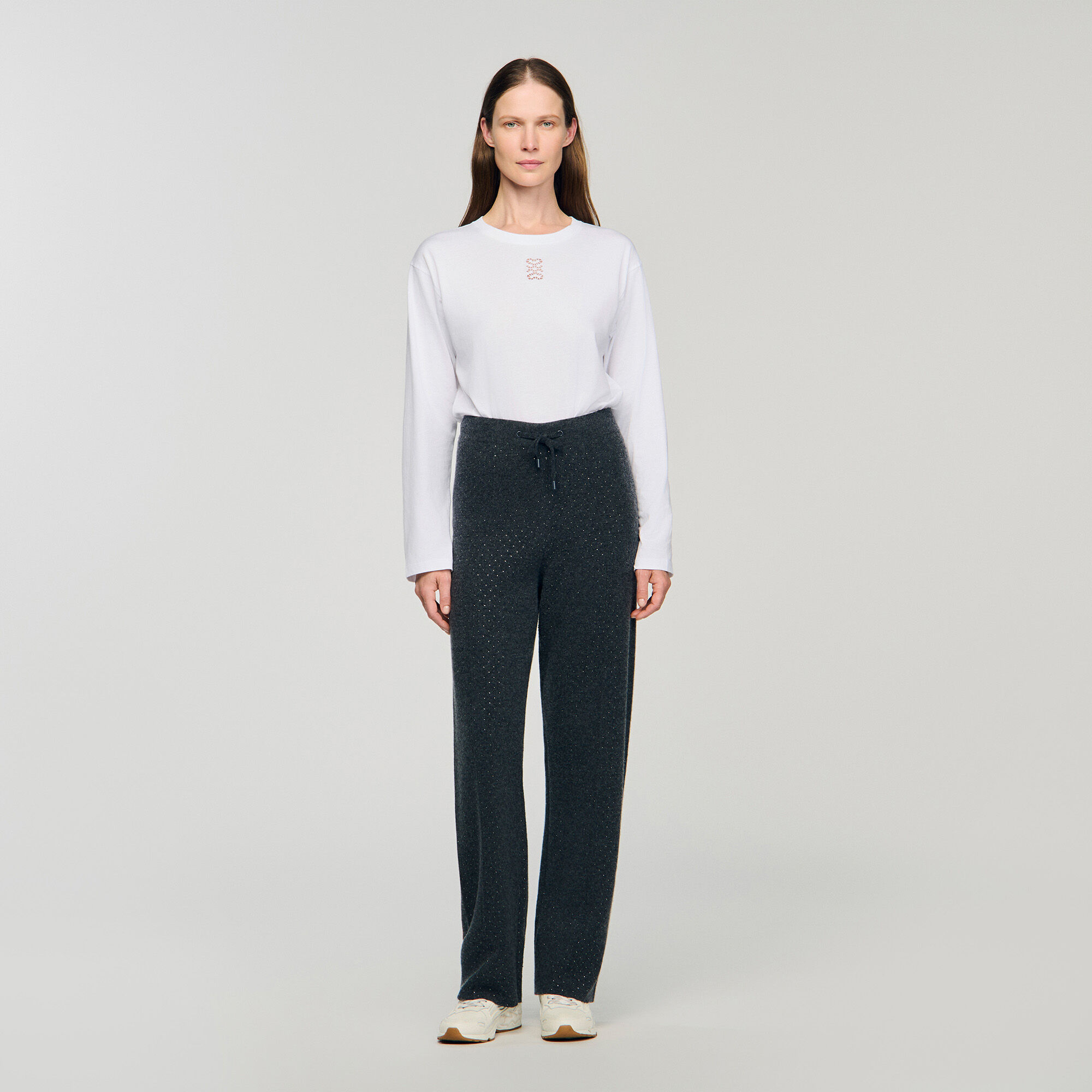 Knit rhinestone-covered trousers