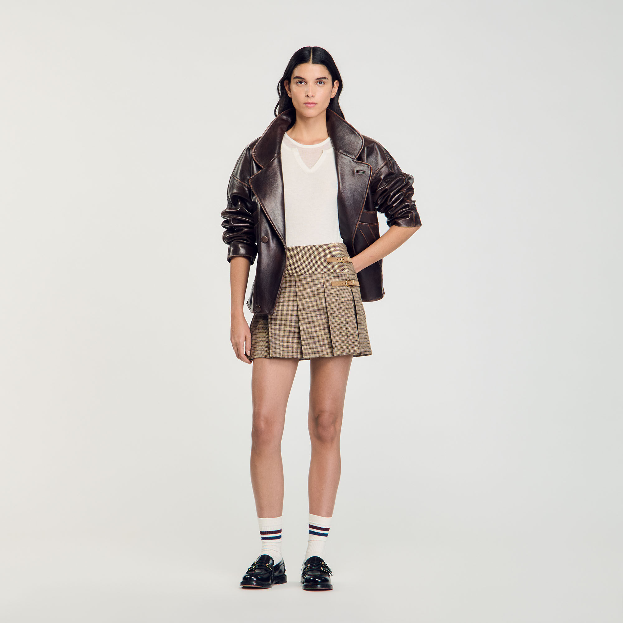 Pleated micro houndstooth skirt