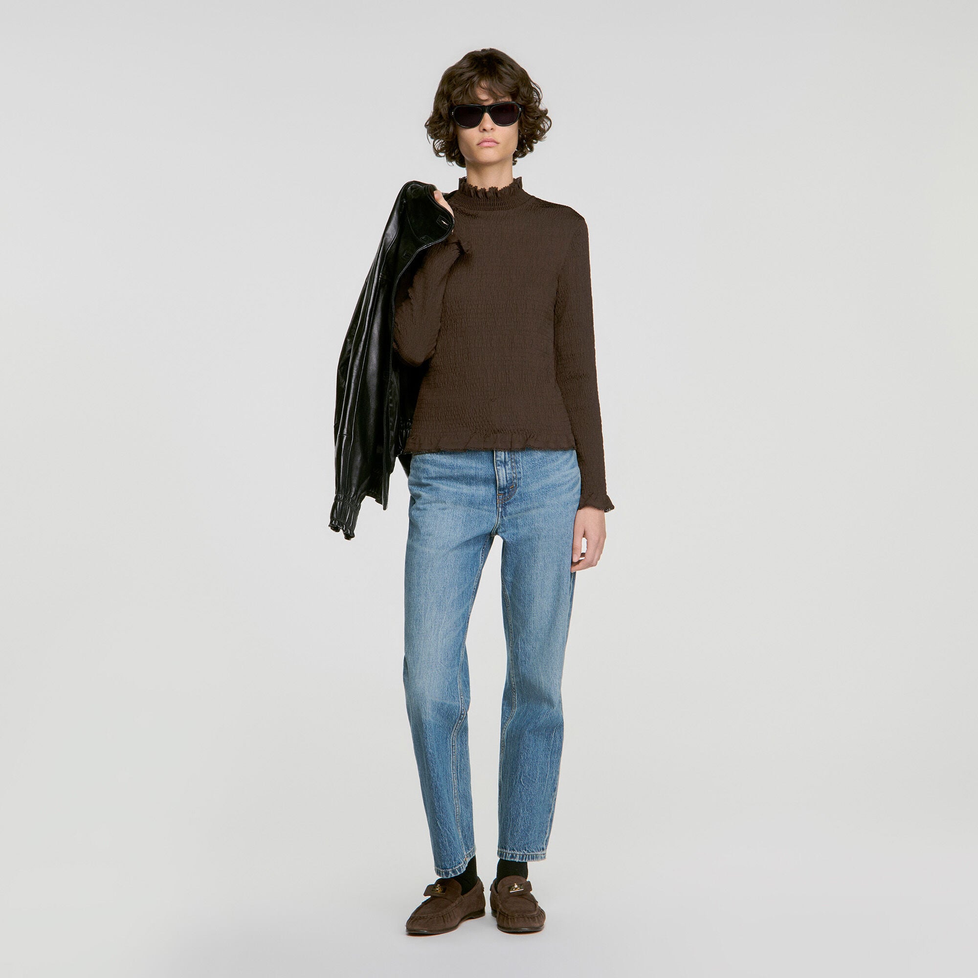 Smocked T-shirt with ruffle collar - Women | Sandro
