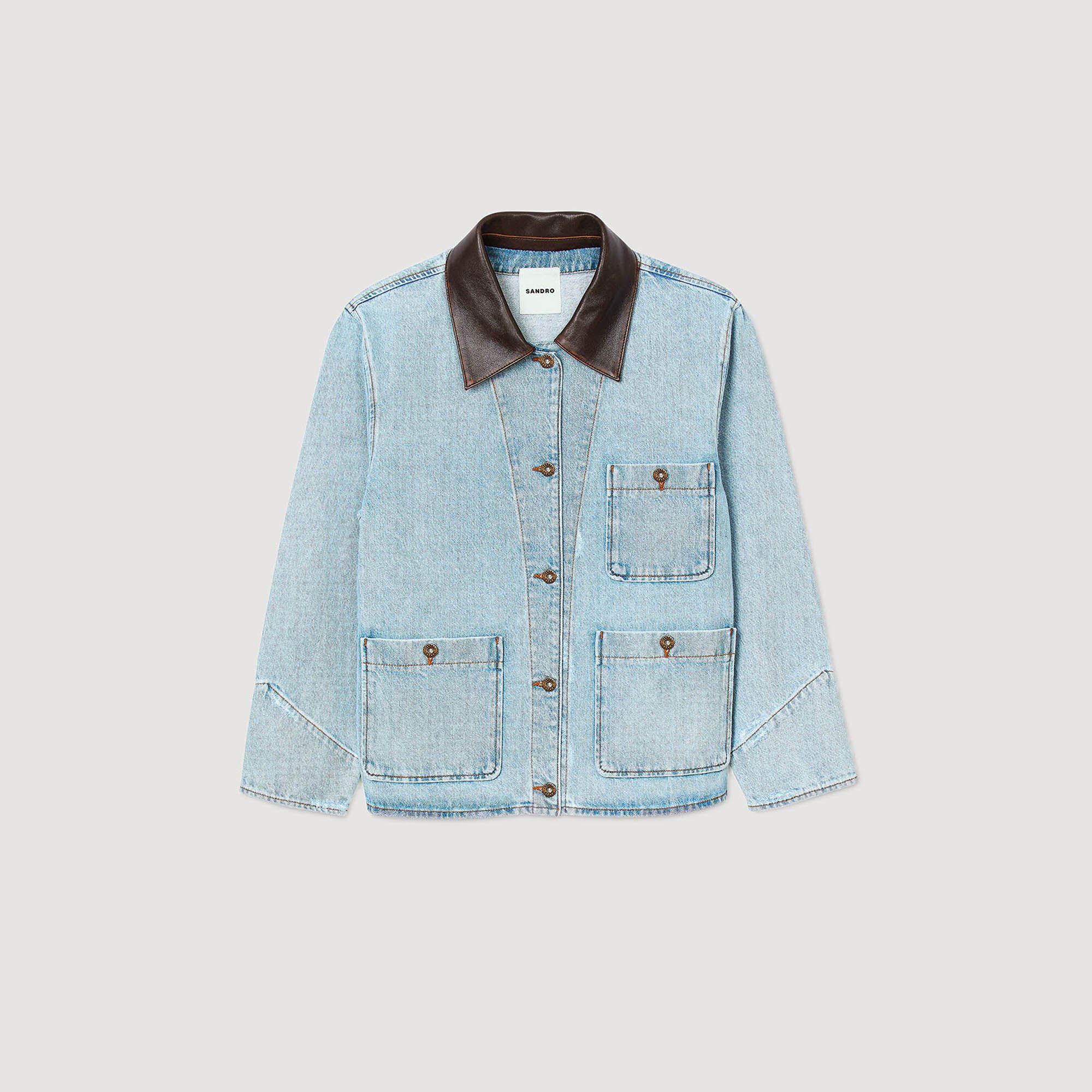 Denim jacket with leather collar