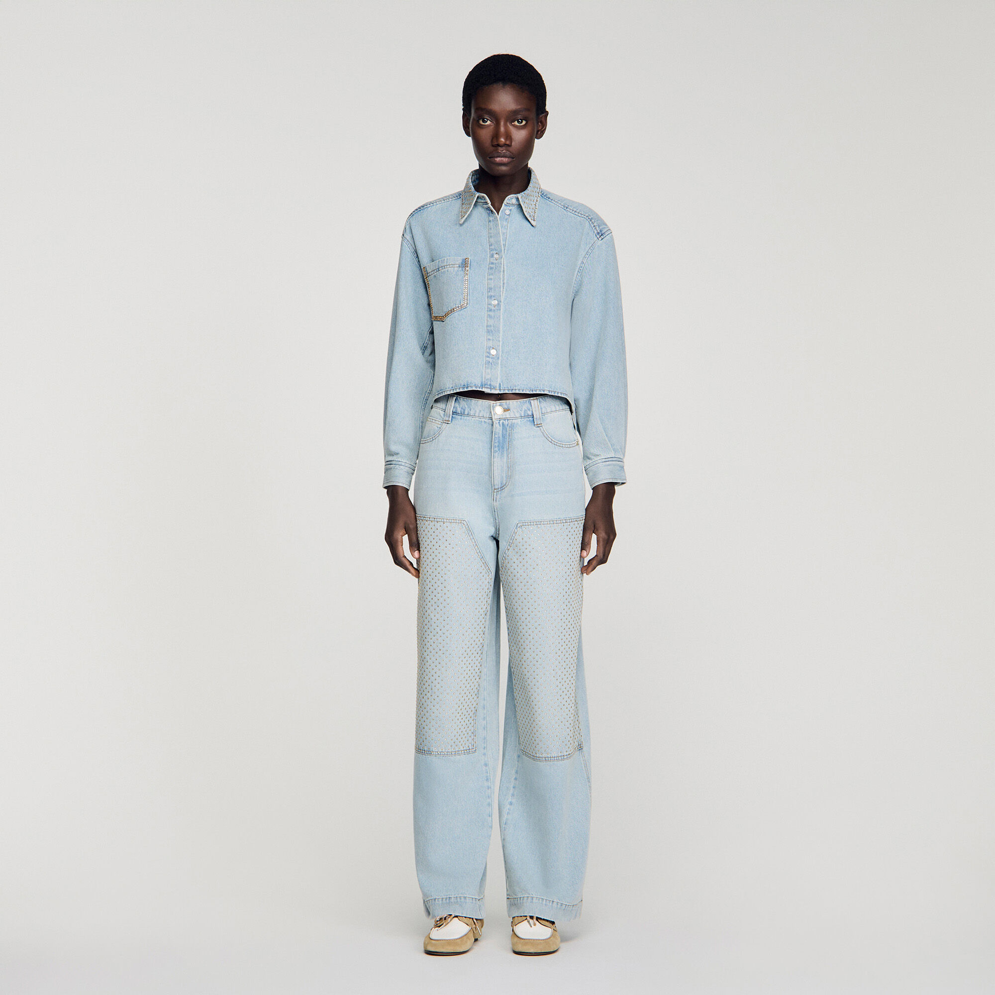 Rhinestone cropped denim shirt