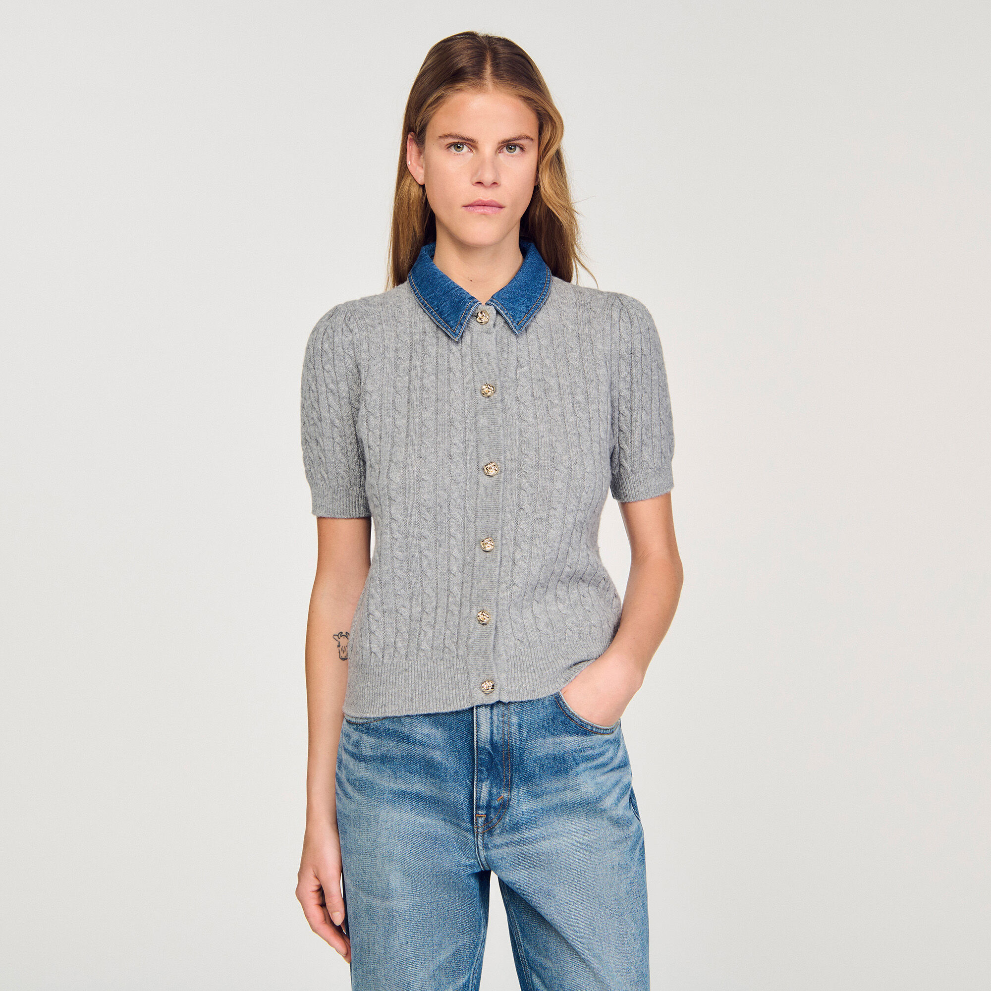Cardigan mit Denim-Kragen