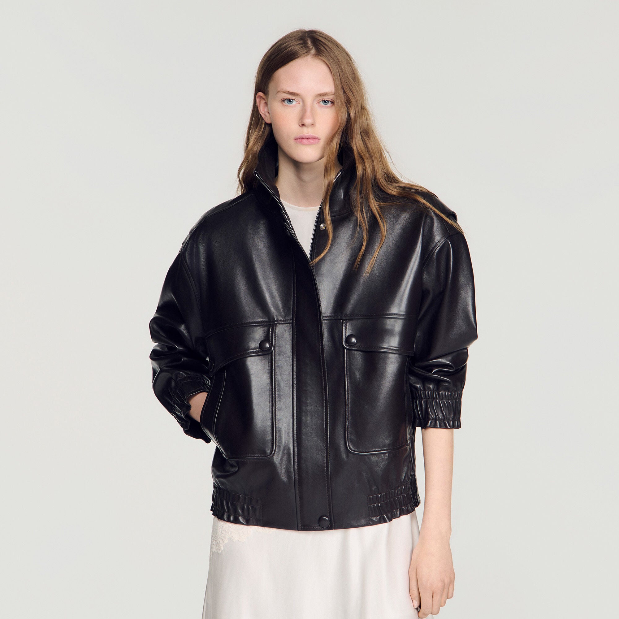 Oversize-Lederjacke mit Stehkragen