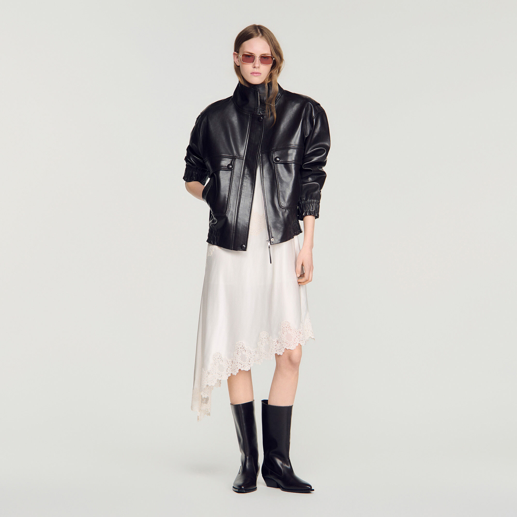 Oversize-Lederjacke mit Stehkragen