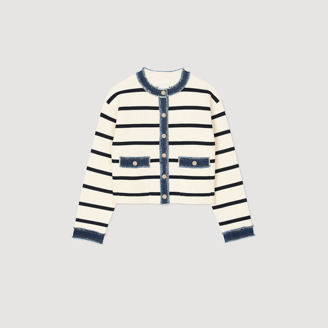 Streifen-Cardigan mit Denim-Details