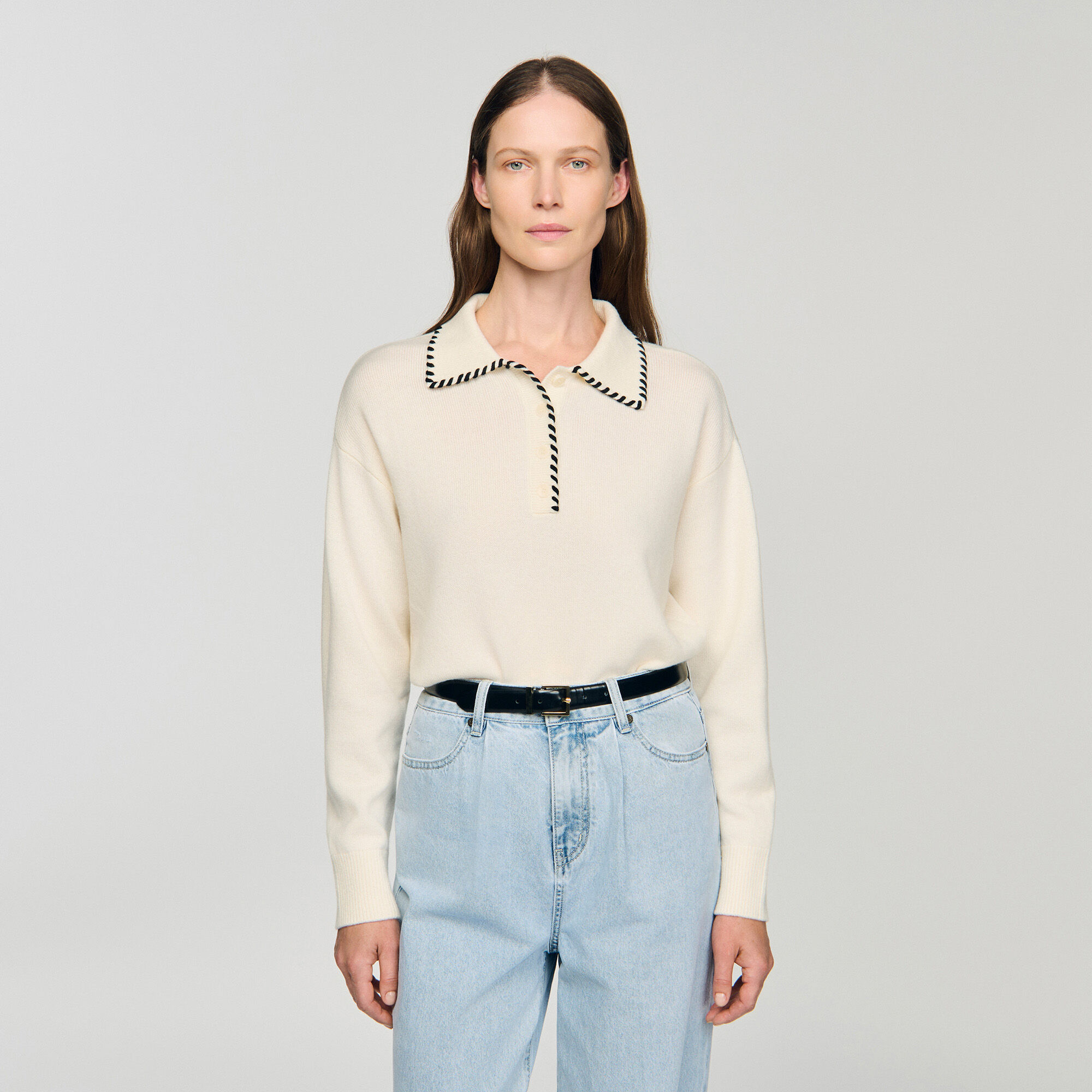 Pull en maille à col polo contrasté
