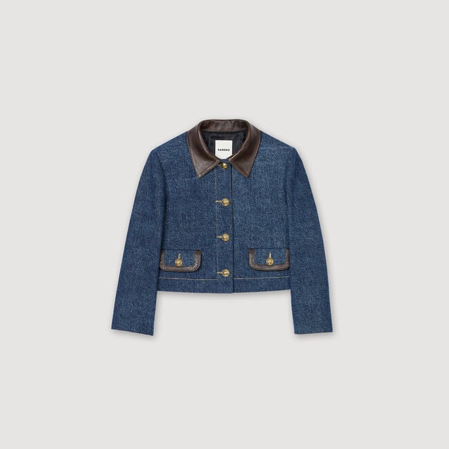 Veste en jean à col en cuir