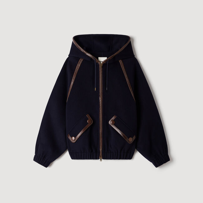 Manteau &agrave; capuche en laine et cuir