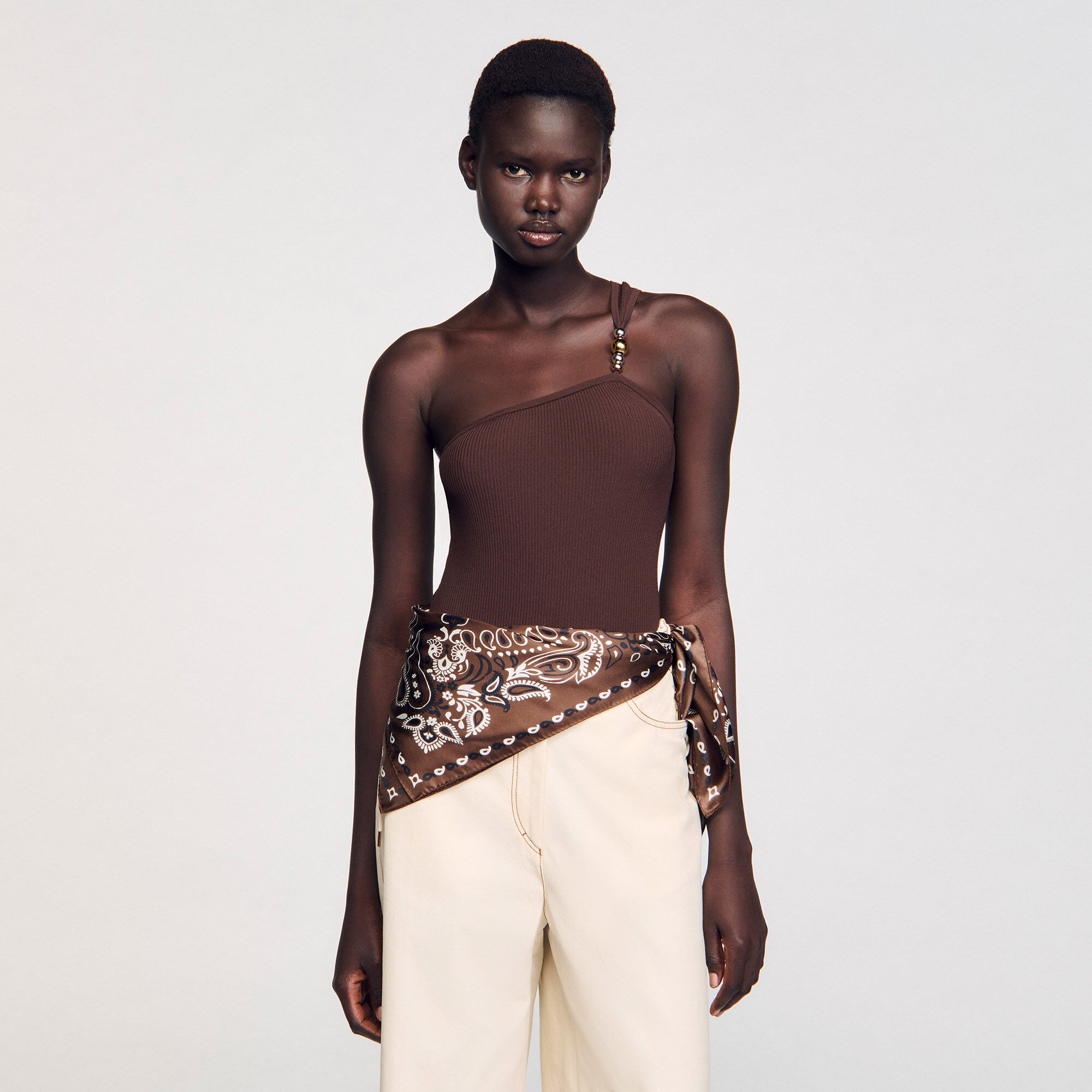 Asymmetric leotard with bead detail