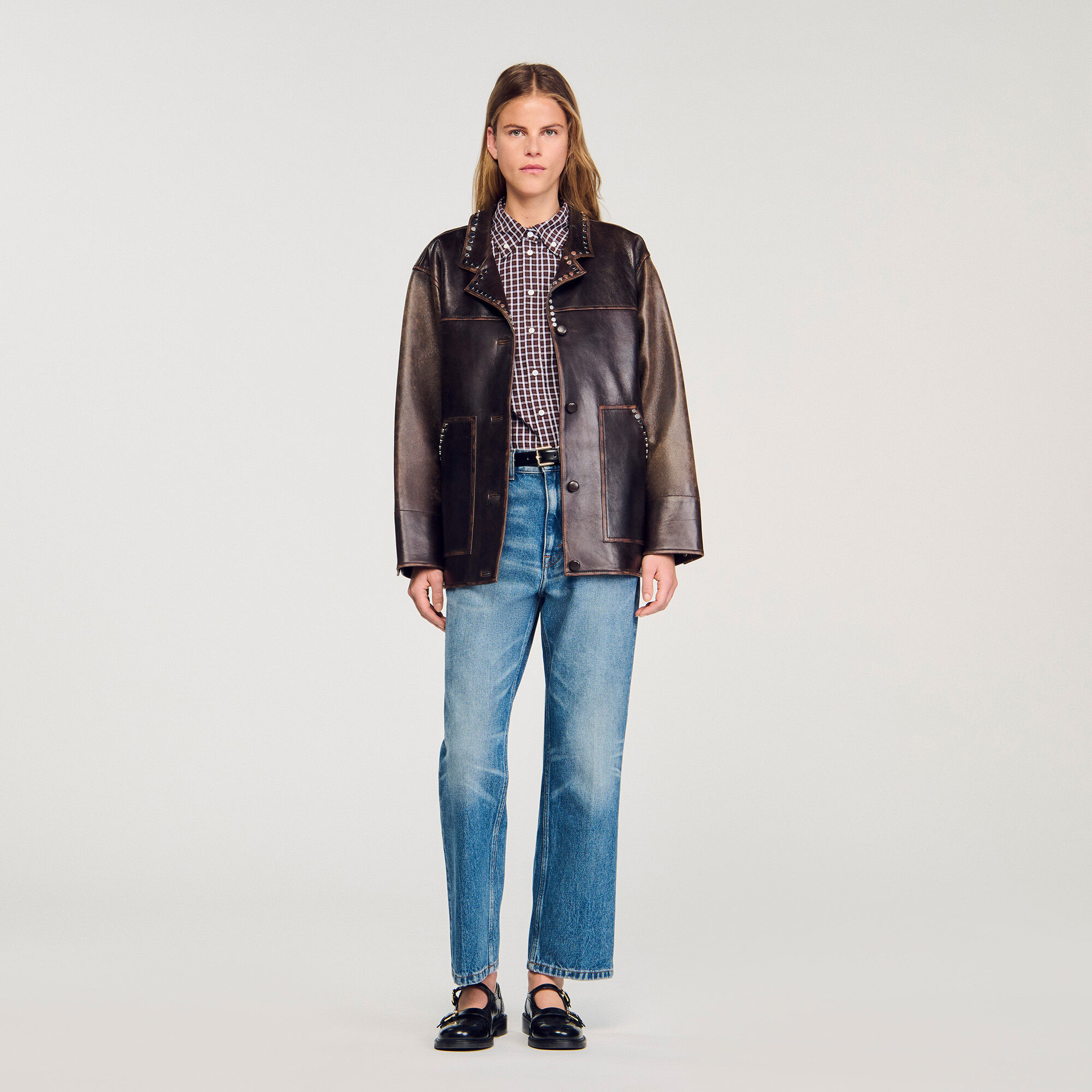 Oversize-Lederblouson mit Nieten