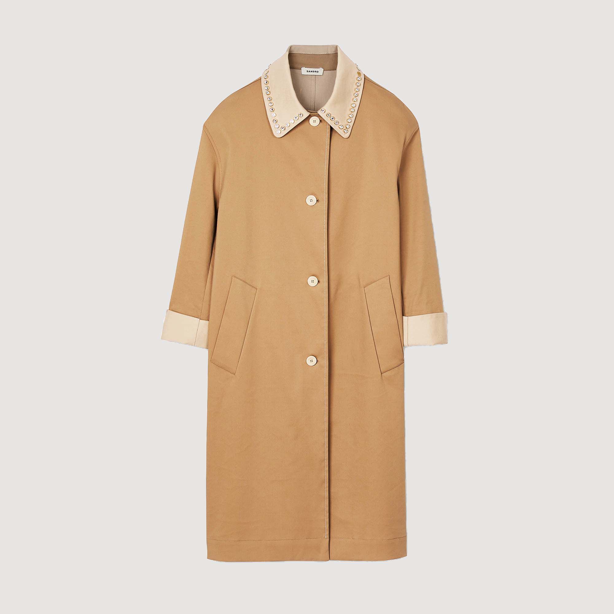 Trench coat with rhinestone collar