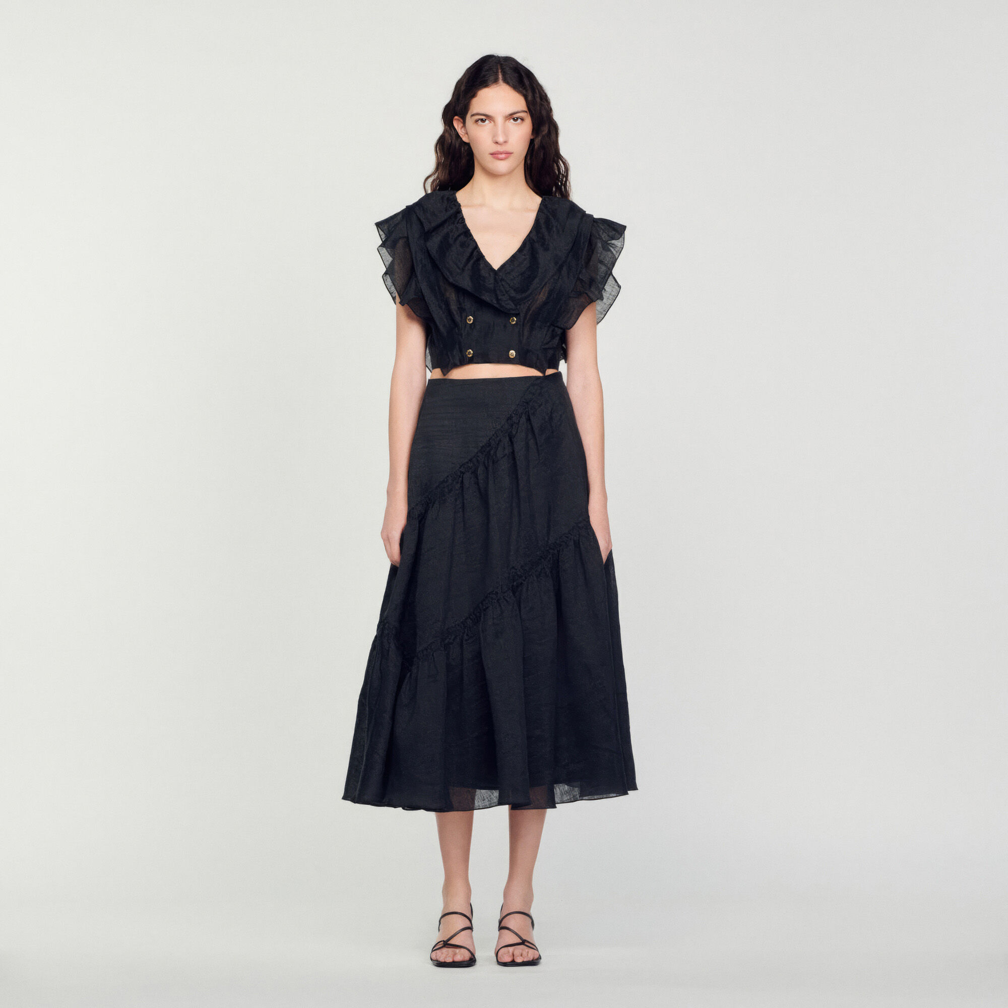 Langer Rock mit Ruschen schwarz grau fur Damen Sandro Paris