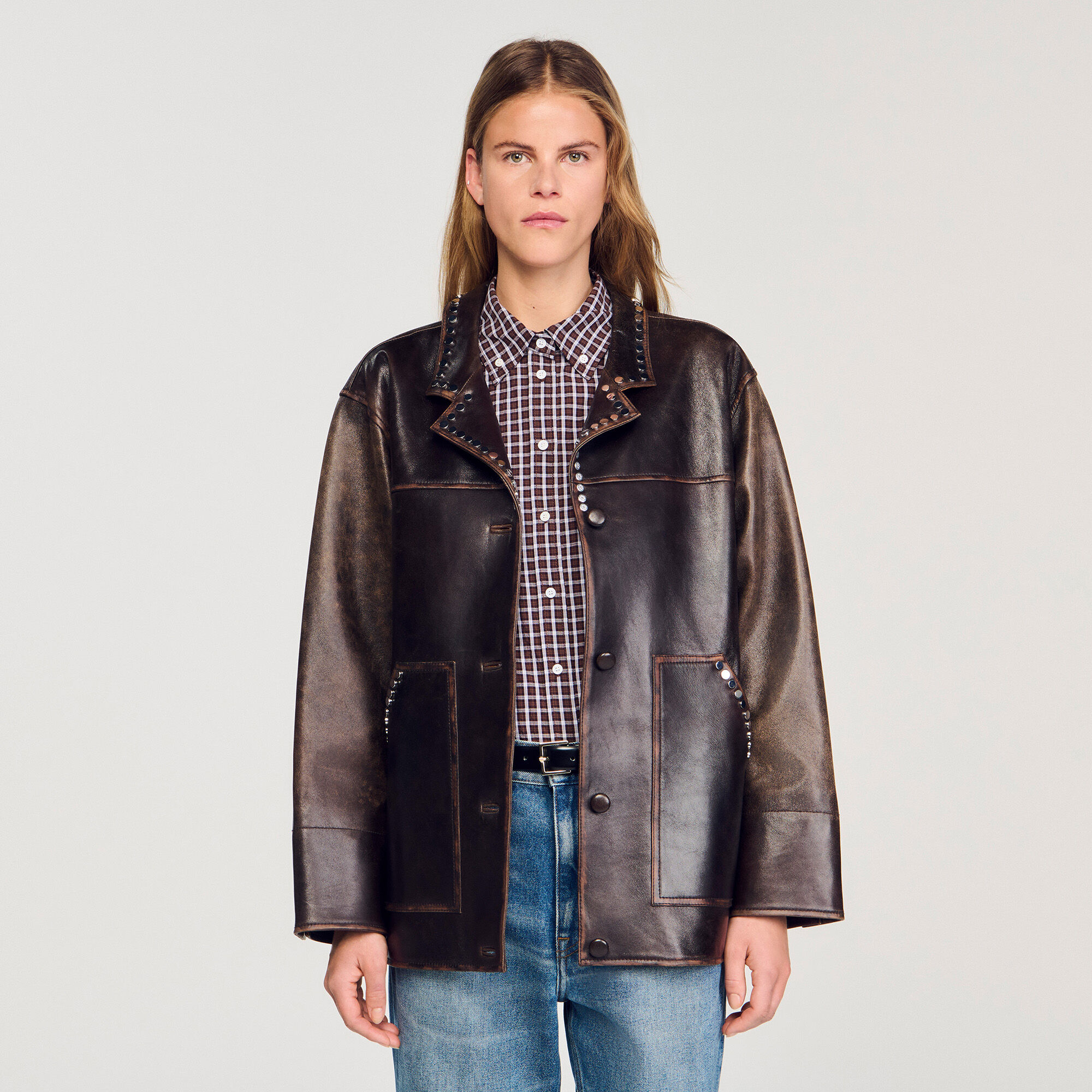 Oversize-Lederblouson mit Nieten